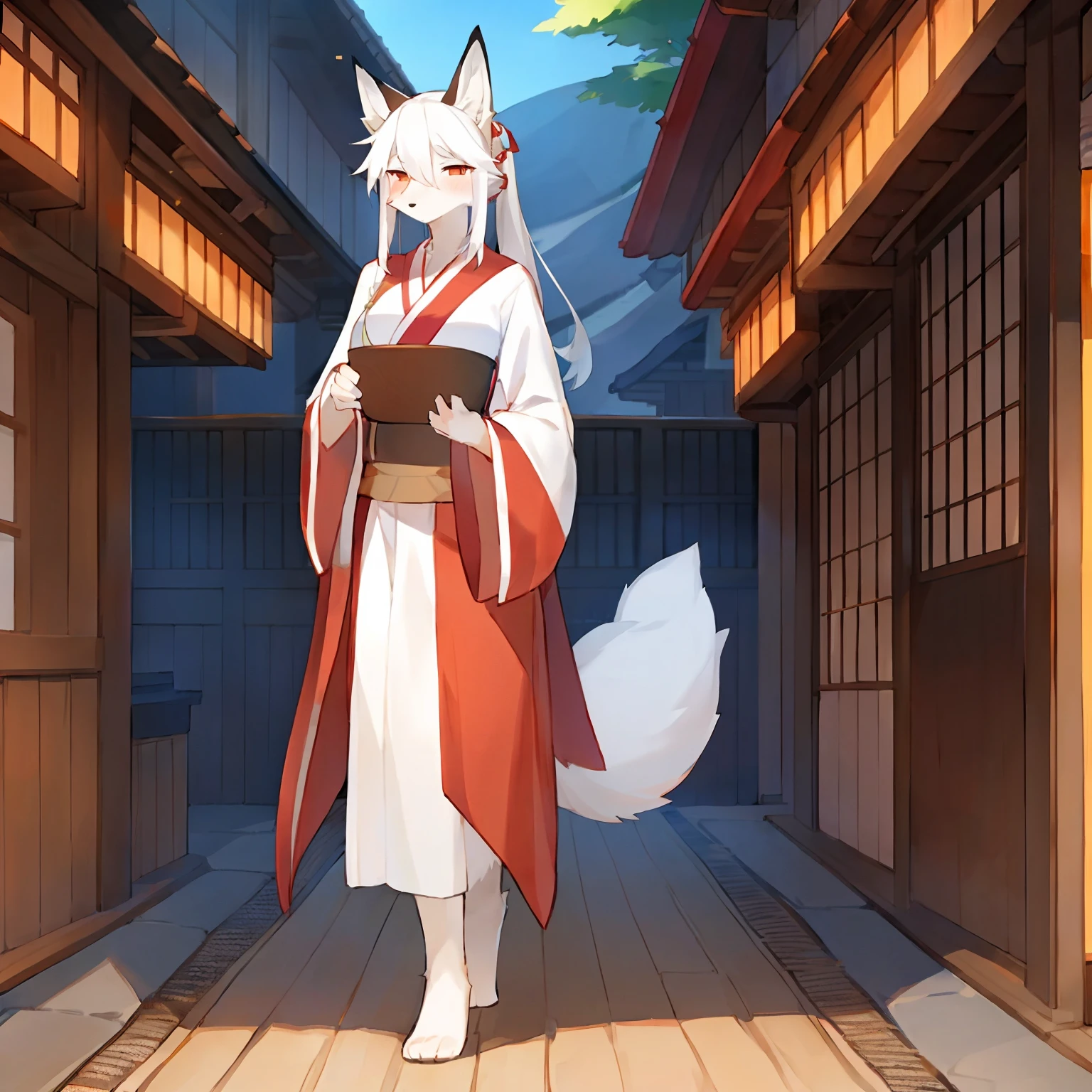 byTubasa, by bebebebebe, by zakro_zkzk25, by kame_3t, solo, female, fox, vulpine, (snout, hair), long hair, ponytail, Kanzashi, white fur, red elements to fur, tail, standing, white kimono, full kimono, lithe body, slim body, Japanese village.