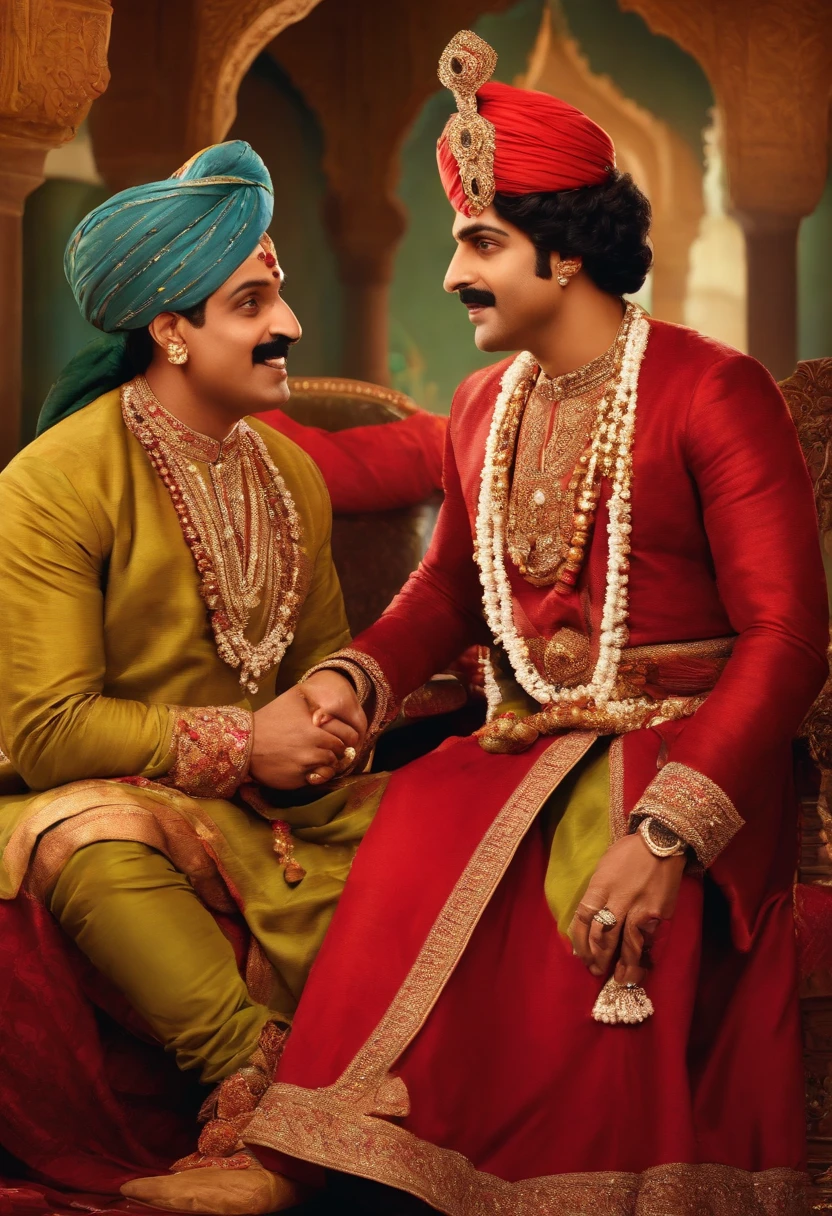 "Create a captivating image prompt featuring Akbar and Birbal engaged in a clever and humorous exchange at the royal court."
