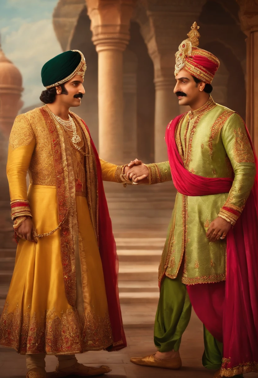 "Create a captivating image prompt featuring Akbar and Birbal engaged in a clever and humorous exchange at the royal court."