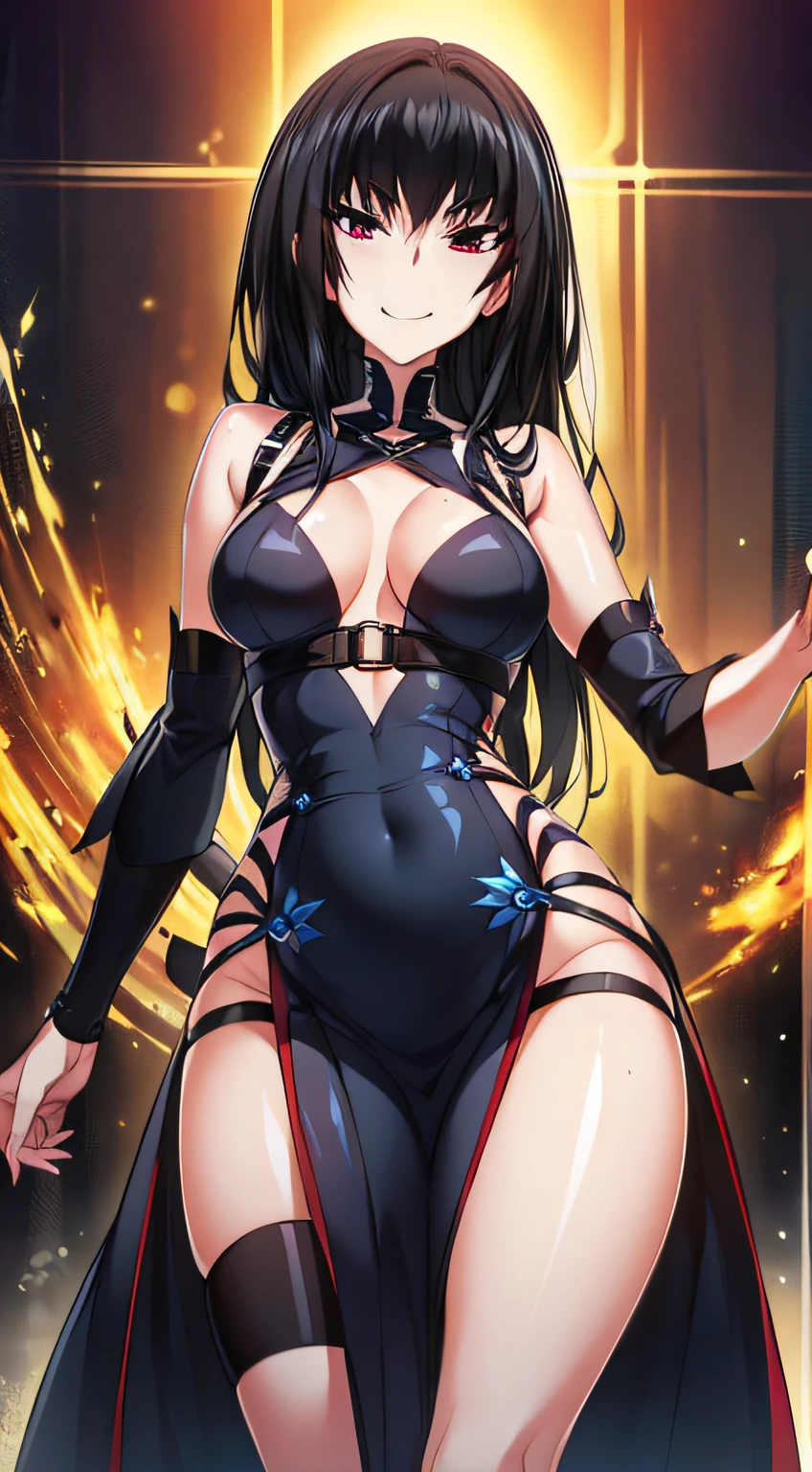 (HD ,sharp、fractals), 1人の女性, Super shiny skin black hair、Longhaire、pelvic_curtain dress,wearing a pelvic_curtain dress, multiple straps around the waist, , Evil smile,Pop backgrounds