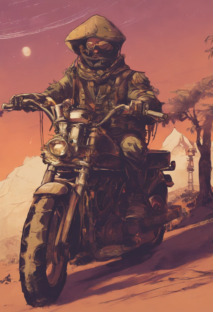 camarao, bebendo um drink, fumando cachimbo, em cima da moto