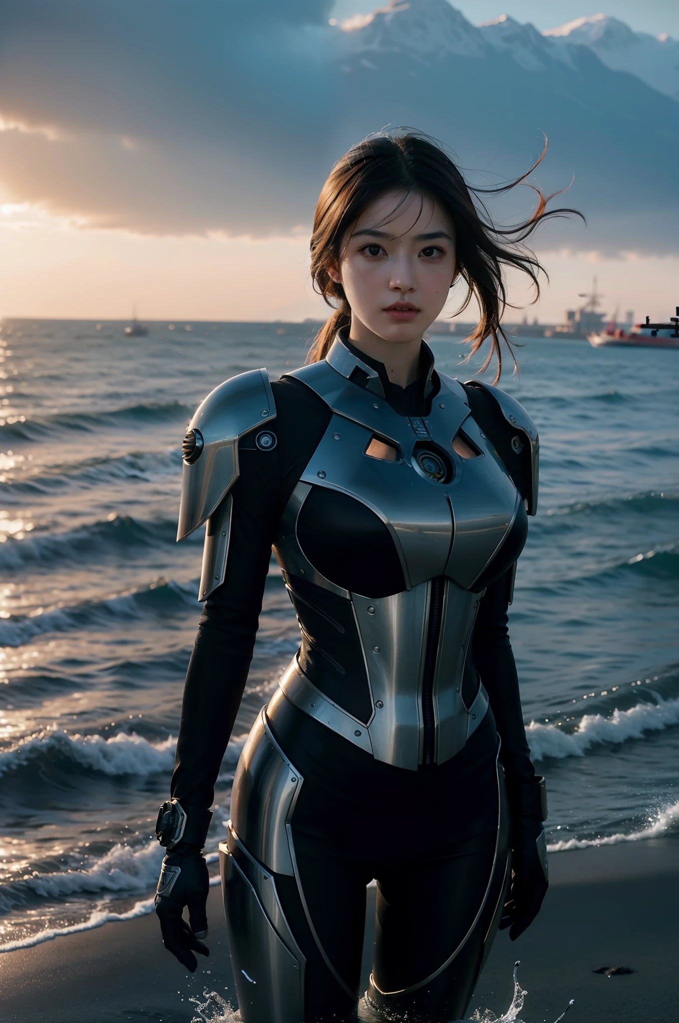 A girl drives a vehicle,Driving on the sea,(Extremely detailed Cg Unity 8K wallpaper),(((Masterpiece))),(((Best quality))),((Ultra-detailed)),(Best Illustration),((An extremely delicate and beautiful)),Dynamic Angle,Wind,classic,Spring,(Detailed light),(Sunlight),Beautiful and delicate water,(Painting),(Sketch),(full bloom),(Shine),From the movie《New Century Evangelion》,Black Themes,Best quality,Masterpiece,Realistic,professional,Vivid colors,Ultra-fine painting,Portrait,anime big breast,Photogram,number art,Fantasyart,3d graphic,Cinematic_lighting,Strong_rim_Light,rim-light,Ambient_Light,Tyndall effect,moodylighting,Huge_filesize,Real,Male pervert,Mecha musume,Cyborg man,Tights combat suit,power armour,Cut clothes,Japanese_Armor, Steampunk style, Futuristic combat-ready motorboats skim the water with a ferocious presence. Intricate gears and brass fittings adorn its hull, Showcasing the perfect blend of advanced technology and Victorian aesthetics. This realistic masterpiece glitters in the sun, ready for action.