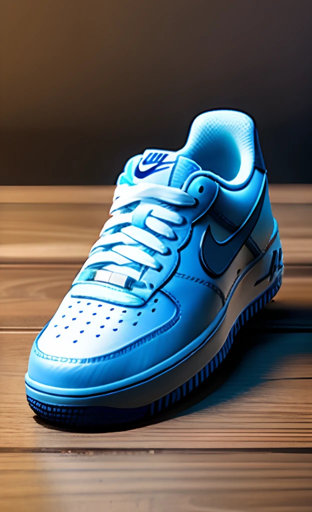 Nike Air Force One as if it were a glass of water in the middle of a table, 3D-rendering, Sense of depth,