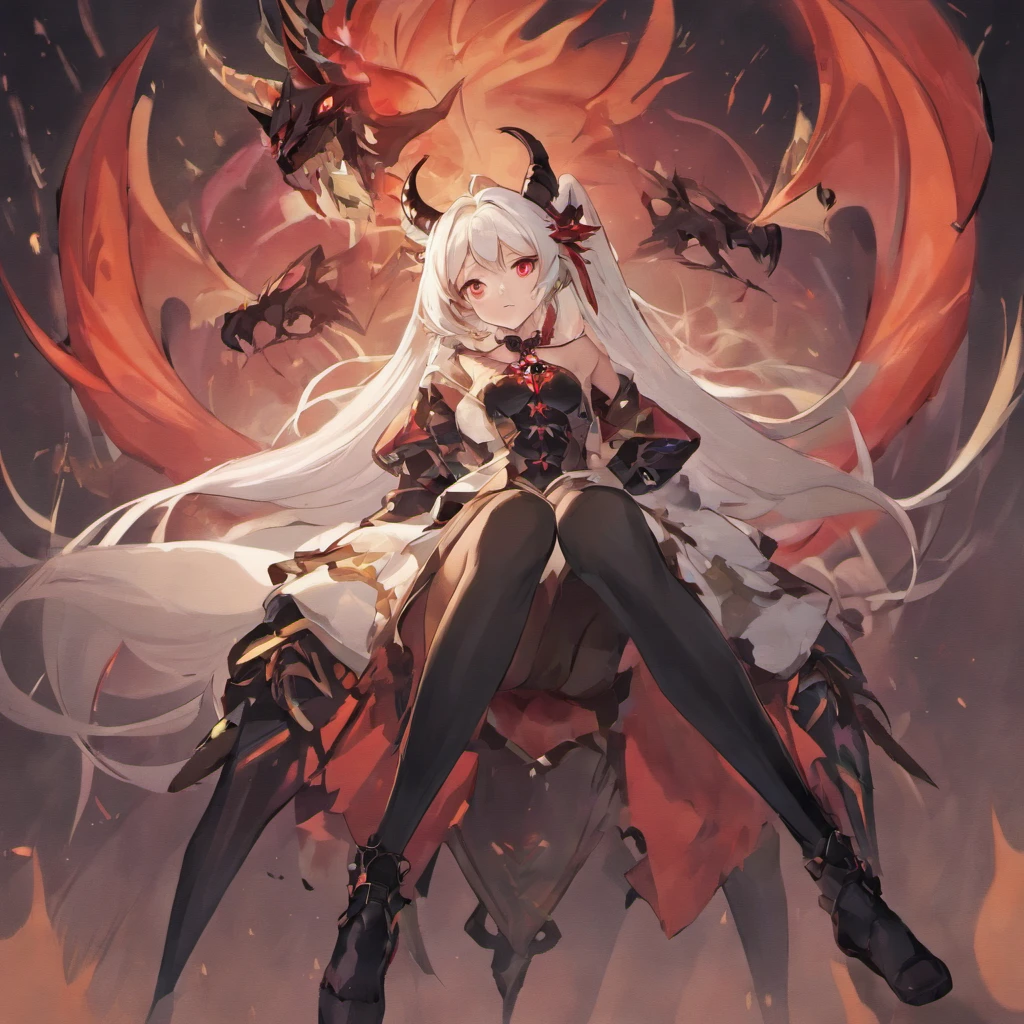 one woman, White skin, long white hair, one red lock of hair on the right side, (two thin and long black horns slightly curved inside, one blue eye and one brown eye, two small red dragon's wings, elf ears, dressed in skintight black leather, knee high black leather heeled boots, big brest, sitting on a "dragon's skull, full body,