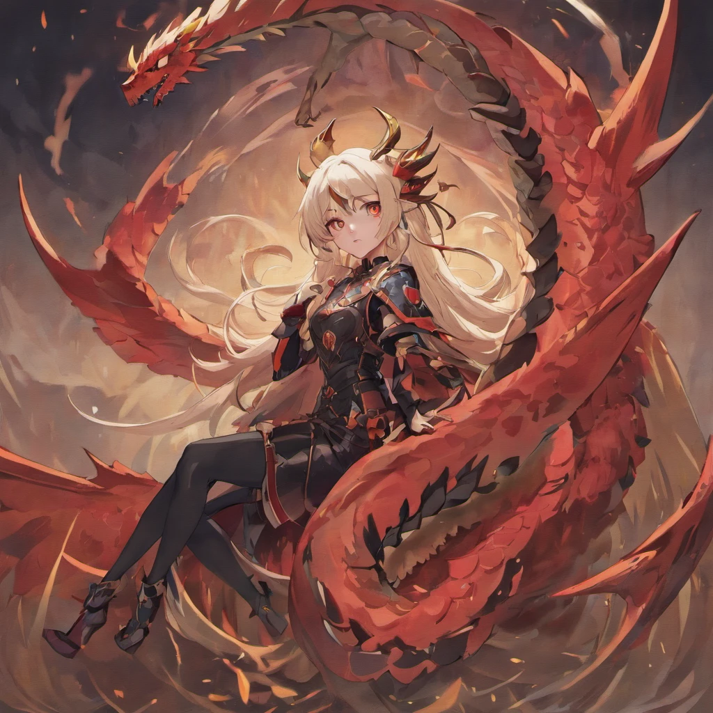 one woman, White skin, long white hair, one red lock of hair on the right side, (two thin and long black horns slightly curved inside, one blue eye and one brown eye,  two small red dragon's wings, elf ears, dressed in skintight black leather, knee high black leather heeled boots, big brest, sitting on a "dragon's skull, full body,