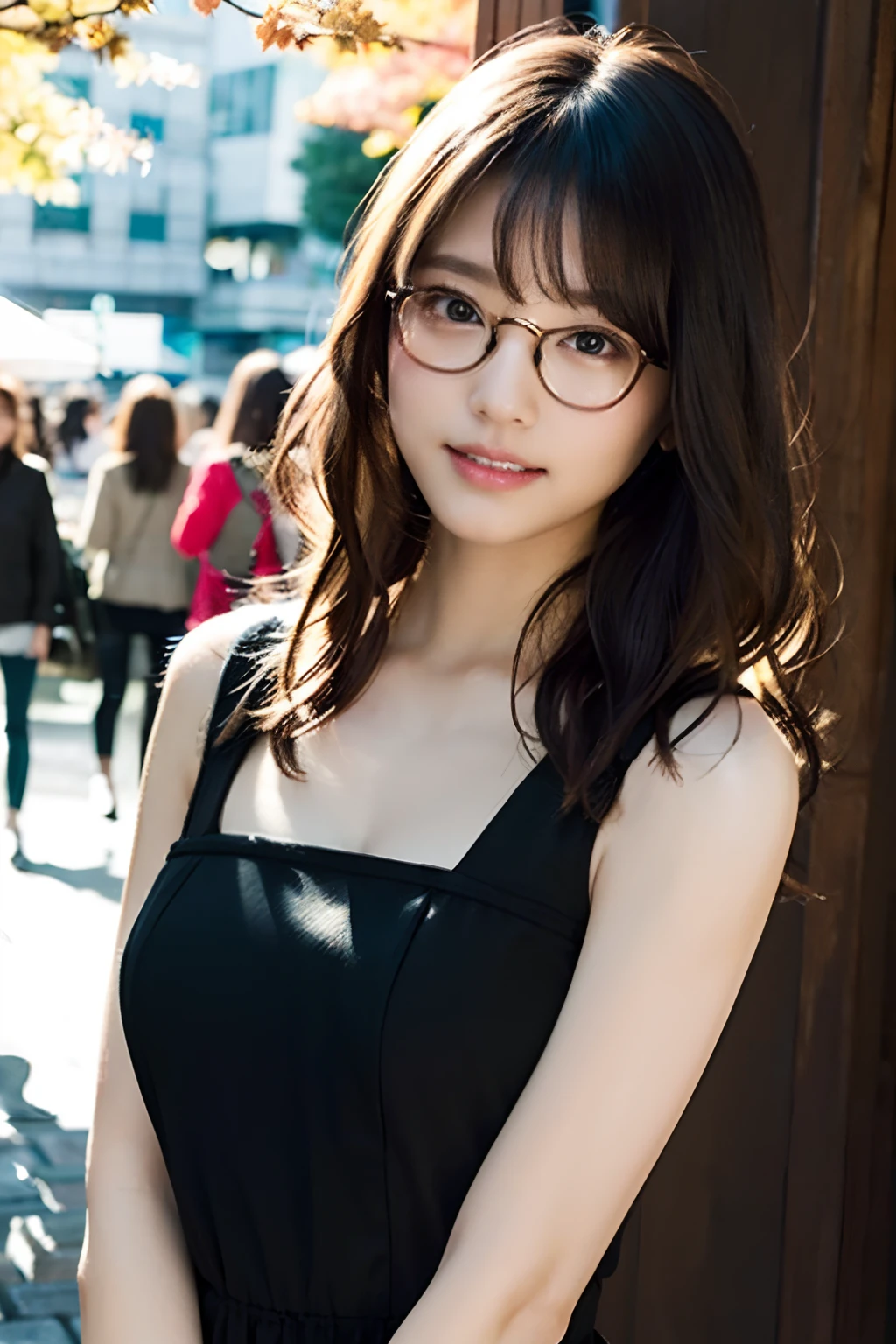 (8K、Raw photography、top-quality、masterpiece:1.2)、(realisitic、Photorealsitic:1.37)、ultra-detailliert、超A high resolution、女の子1人、see the beholder、beautifull detailed face、A smile with a little visible teeth、Constriction、(Slim waist) :1.3)、((Cute clothes))、pastel clothing、Beautiful detailed skin、Skin Texture、Floating hair、((fluffy hairstyle))、large breasts with good shape、Professional Lighting、Autumn noon、Shopping street in front of the station、((Black-rimmed square glasses))、Whole human body、Black hair、((Shameful appearance))、Pay attention to your audience、