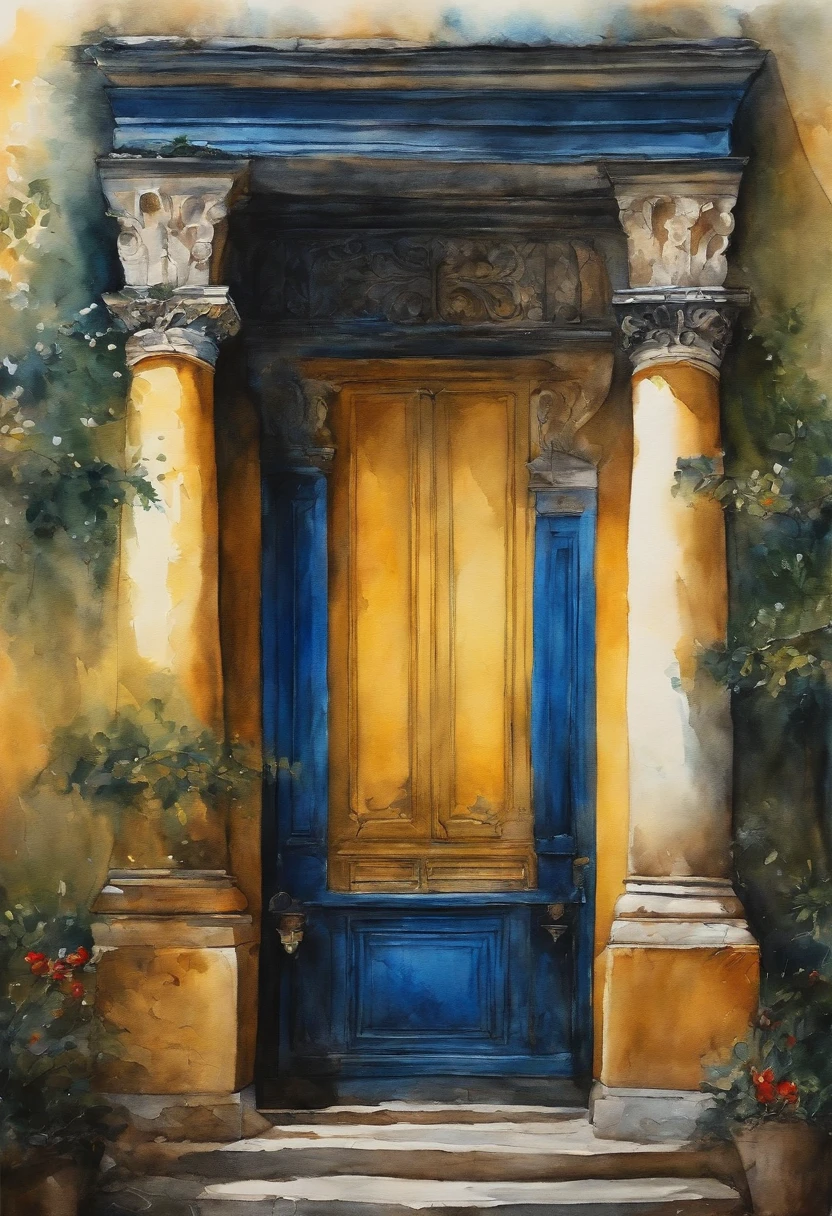 Capela amarela com porta azul, pintura de aquarela sobre uma textura, aquarela clara, aquarela aguada
