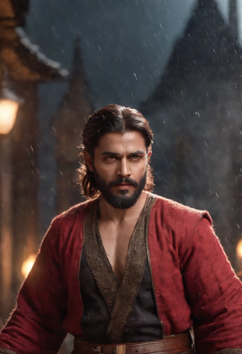 (Professional 3D rendering:1.3) by (Realistic:1.3) An indian mughal king of moderate stature, perhaps five foot seven inches in height, strongly built, neither too slight nor too stout, broad-chested, narrow-waisted, and long-armed，Features soft, dark male heroes, ((Mughal 50 years old man muscular rough hero wet look angry hair long beard long beard and fierce expression in dynamic pose, fantastic location, majestic cluttered environment)), full body 8k unit render, action shot, skin pores, very dark lighting, heavy shading, detailed, detailed face, (vibrant, realistic photo grid, Realistic, Dramatic, Dark, sharp focus, 8k), (Old red clothes damaged by bad weather:1.4), ((((Use furs)))), (intricate:1.4), decadent, (highly detailed:1.4), digital painting, rendering by octane, art stations, Concept-Art, smooth, sharp focus, illustration, germ of art, (Loish:0.23), Wlop Ilya Kuvshinov, and Greg Rutkowski and Alphonse Mucha Gracias, (global illumination, studiolight, Light Volumetric), heavy rain, floating particles, rascal, fantasy, Eleven , full bodyesbian, ((Dark and old city background:1.3)),CGSociety,art stations