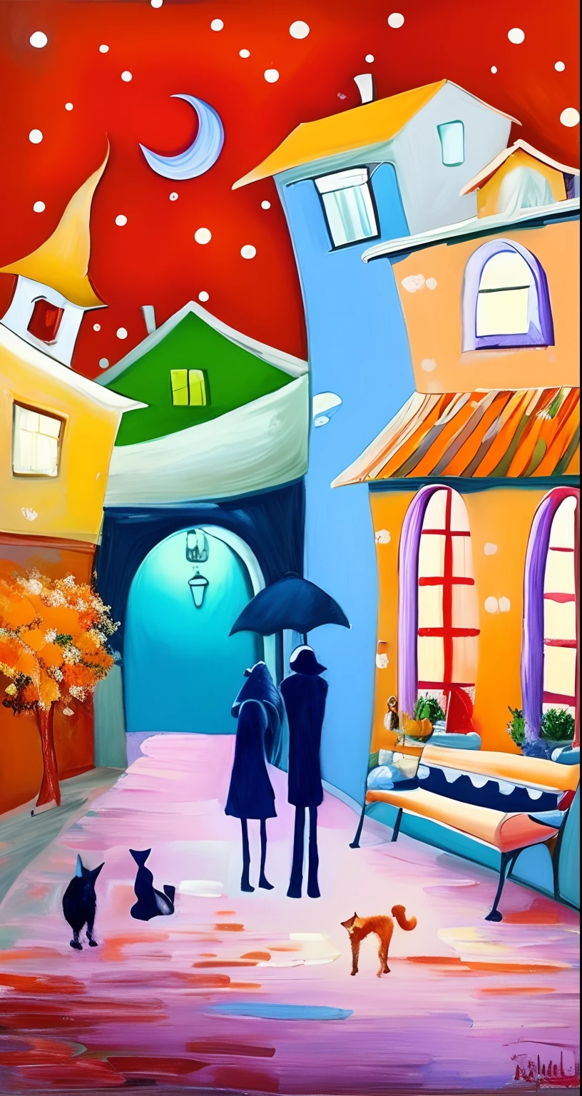 pintura de um casal caminhando por uma rua com um gato e um cachorro, inspirado em John Lowrie Morrison, romantic painting, Directed by: John Lowrie Morrison, inspirado em Maurice de Vlaminck, arte caprichosa, cena colorida, inspirado em Raoul Dufy, pintura expressionista, pintura colorida, cidade colorida, pintura impressionista, Magical Fauvism, Arte colorida
