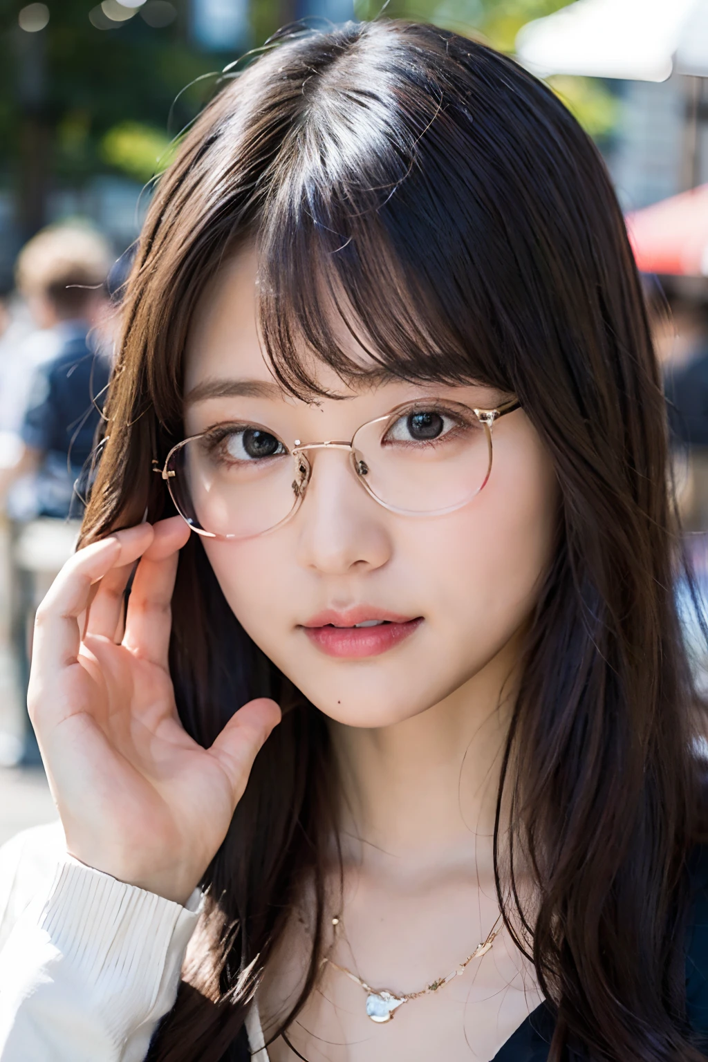 (8K、Raw photography、top-quality、masterpiece:1.2)、(realisitic、Photorealsitic:1.37)、ultra-detailliert、超A high resolution、女の子1人、see the beholder、beautifull detailed face、A smile with a little visible teeth、Constriction、(Slim waist) :1.3)、((Cute clothes))、pastel clothing、Beautiful detailed skin、Skin Texture、Floating hair、((fluffy hairstyle))、large breasts with good shape、Professional Lighting、Autumn noon、Shopping street in front of the station、((Black-rimmed square glasses))、Whole human body、Black hair、((Shameful appearance))、Pay attention to your audience、