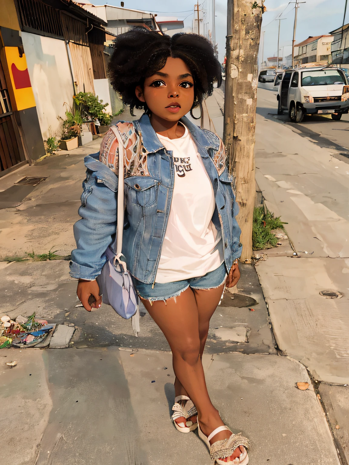 Realistic Carton Woman Standing on Sidewalk with a Bag, em estilo de nadine ijewere, standing on a township street, standing in township street, imagem de corpo inteiro, uma jaqueta de aviador e jorts, Pose frontal, standing in the street, usando jeans duplo, mid 2 0's female, em um dia brilhante, Maria Borges, standing in street