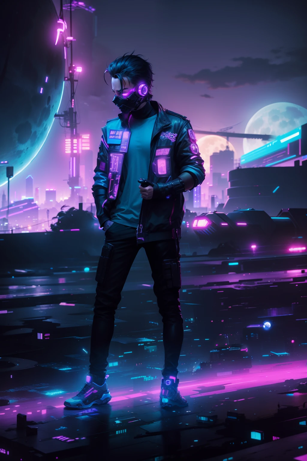 cyberpunk character in city at night, neon lights, front view, huge moon in the sky, reflections of planets
