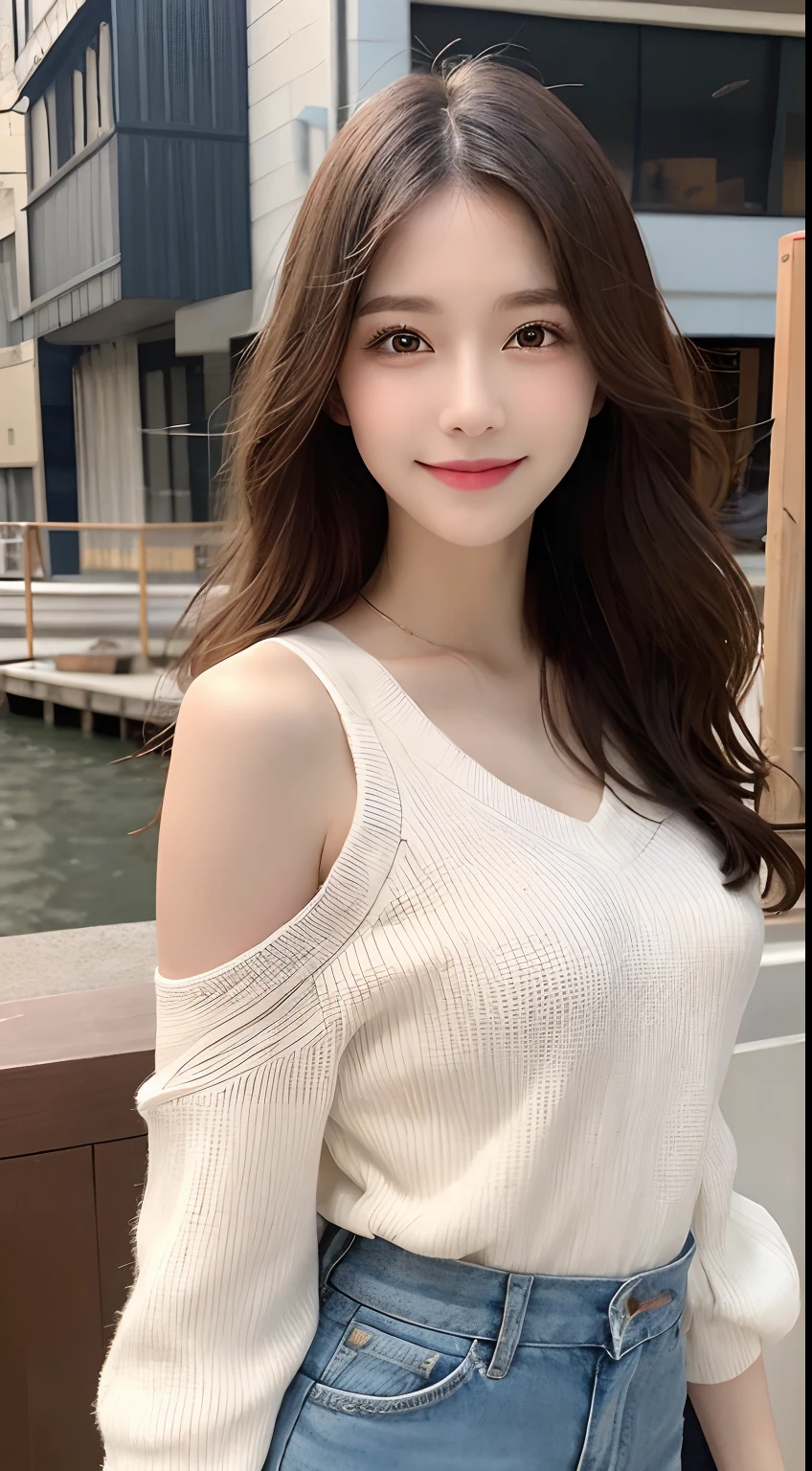 ((Best Quality, 8K, Masterpiece:1.3)), A beautiful girl, pure, melon face, gentle and cute, sweet smile, pure desire, thin figure, (frontal), (tilted head), looking directly at the camera, uniform, obi, formal, black silky long straight hair, long hair flowing over the shoulders, round black big eyes, clear big eyes, moist red lips, sweet, sitting on the side of the road, blue sky and white clouds, grass, buildings,