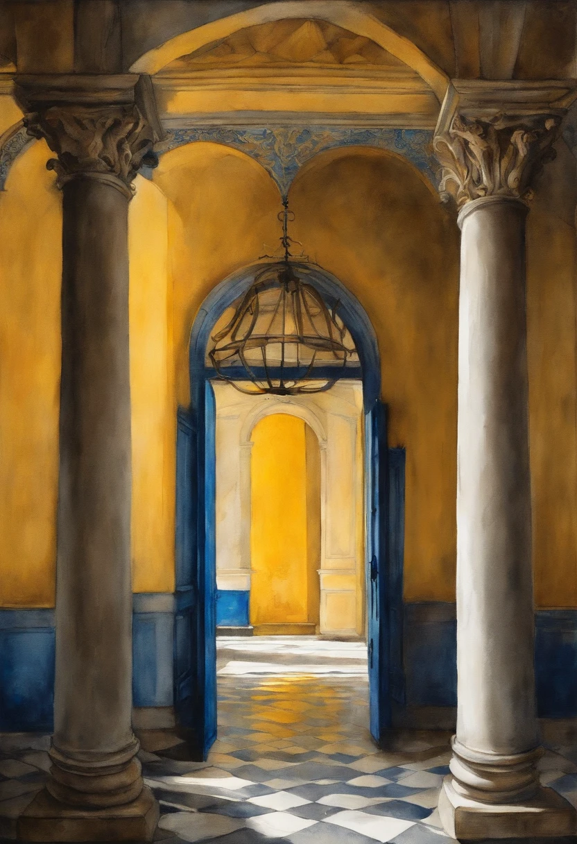 Pintura sobre papel branco, Capela amarela clara com porta azul, pintura de aquarela sobre uma textura, aquarela clara, aquarela aguada, bordas esvanecendo sobre o papel