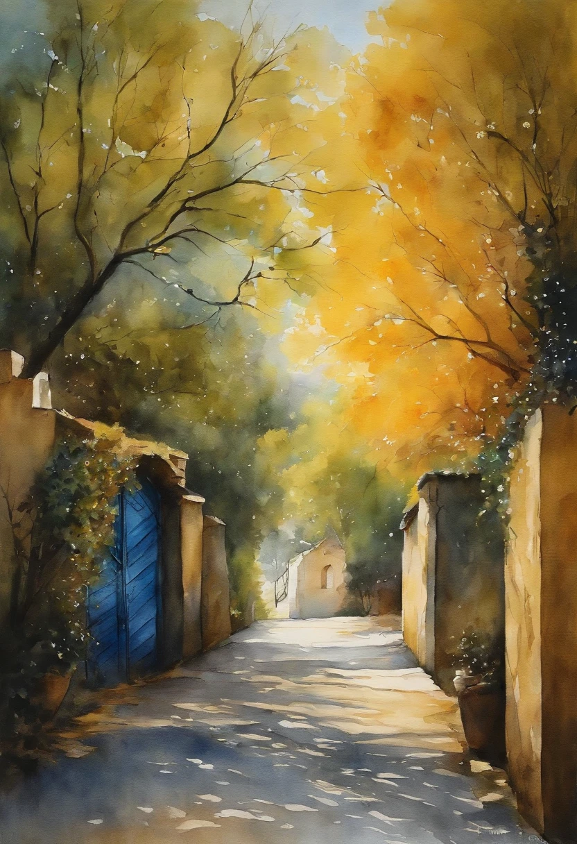 Pintura sobre papel branco, Capela amarela clara com porta azul, pintura de aquarela sobre uma textura, aquarela clara, aquarela aguada, bordas esvanecendo sobre o papel