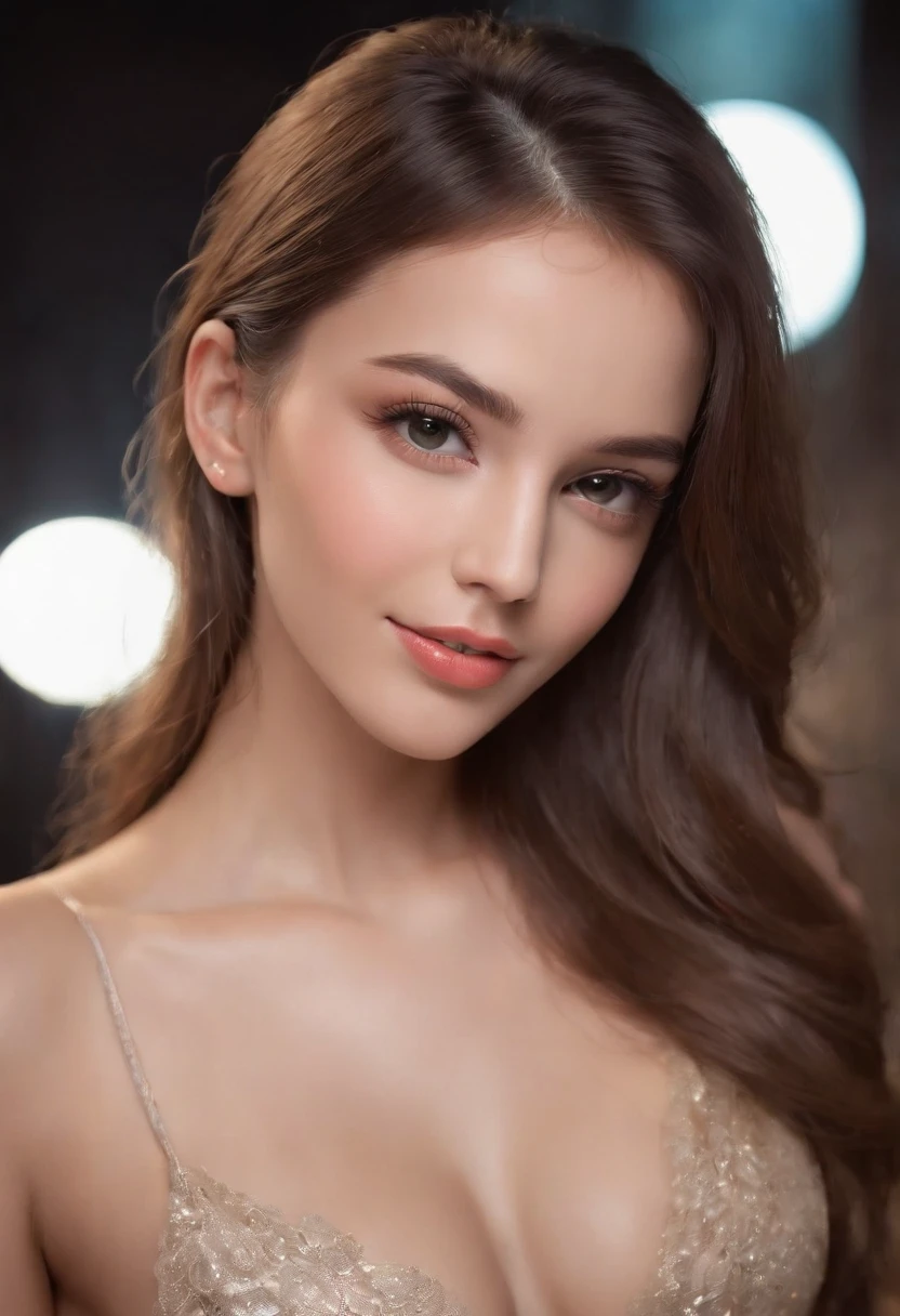 (best quality,4k,8k,highres,masterpiece:1.2),ultra-detailed,(realistic,photorealistic,photo-realistic:1.37), HDR, UHD, studio lighting, ultra-fine painting, sharp focus, physically-based rendering, extreme detail description, professional, vivid colors, bokeh, portraits, glamorous, seductive, elegant, magical, enchanting, alluring, confident, sophisticated, feminine, flirtatious, captivating, glowing, charismatic, sensual, attractive, modern, fashionable, graceful, youthful, sexy woman, 20 years old, slim figure, athletic physique, shiny tanned skin, big and perfectly shaped breasts, slim waist, silky brown hair, mesmerizing eyes, plump and alluring lips, delicate nose, charming smile, natural beauty, in the club scene, surrounded by dimly lit environment, illuminated by colorful disco lights, vibrant atmosphere, energetic music, dynamic poses, expressive gestures, enticing body language, engaging with the crowd, exuding confidence and allure, attracting attention, captivating spectators, creating a magnetic presence, realistic photography style, capturing the essence of the moment, emphasizing authenticity, highlighting natural beauty, showcasing the woman's grace and sensuality, creating a visually stunning and captivating image.