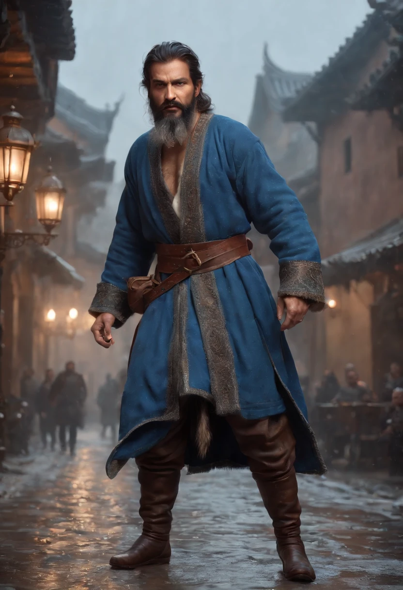 (Professional 3D rendering:1.3) by (Realistic:1.3) An indian mughal king of moderate stature, with a gold crown and big sword, perhaps five foot seven inches in height, strongly built, neither too slight nor too stout, broad-chested, narrow-waisted, and long-armed,Features soft, dark male heroes, ((Mughal 50 years old man muscular rough hero wet look surprised hair long beard long beard and fierce expression in dynamic pose, fantastic location, majestic cluttered environment)), full body 8k unit render, action shot, skin pores, very dark lighting, heavy shading, detailed, detailed face, (vibrant, realistic photo grid, Realistic, Dramatic, Dark, sharp focus, 8k), (Old blue clothes damaged by bad weather:1.4), ((((Use furs)))), (intricate:1.4), decadent, (highly detailed:1.4), digital painting, rendering by octane, art stations, Concept-Art, smooth, sharp focus, illustration, germ of art, (Loish:0.23), Wlop Ilya Kuvshinov, and Greg Rutkowski and Alphonse Mucha Gracias, (global illumination, studiolight, Light Volumetric), heavy rain, floating particles, rascal, fantasy, Eleven , full bodyesbian, ((Dark and old city background:1.3)),CGSociety,art stations