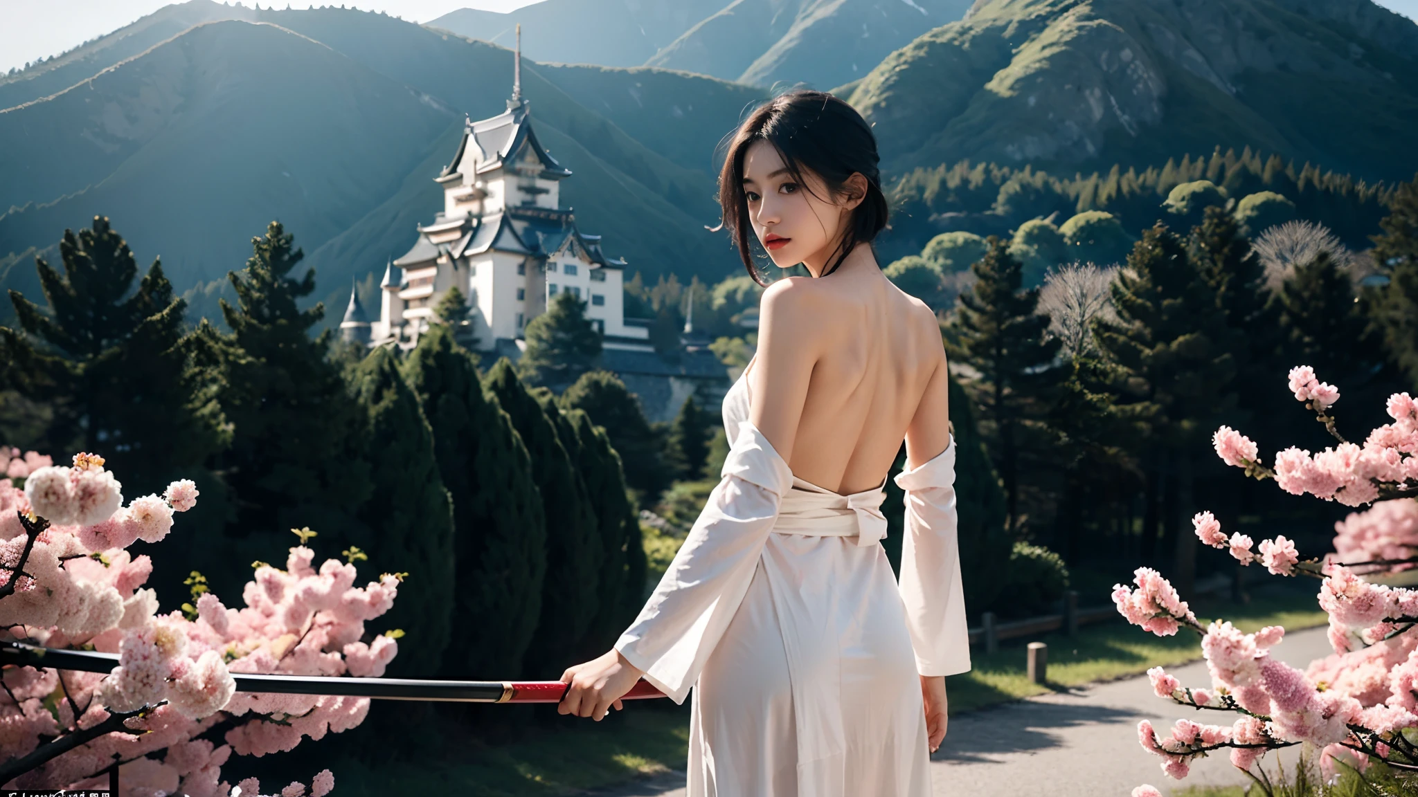 ((small underboob,Tomboyish,small heads)),  (short-length straighthair: 1.2), Black hair，Upper body,（极其细致的CG 8k壁纸），（Extremely refined and beautiful），（Masterpiece），（best qualtiy：1.0），（超高分辨率：1.0），beautiful light up，Perfect lightning，realistic shaded，[A high resolution]，Smooth and flawless fair skin，ultra - detailed ，(small breasts:1.1)，flat chest，slim，thin，slender waist，serious，Mighty，（seven quarter sleeved white kendogi:1.1），no bra，（maxi red kendo hakama：1.1），white short socks, geta，spring,night scene，a tall huge Japanese castle，sakura blooms，standing，outside，Tree-lined roadsides，Close-up，cowboy shot，(a long naked samurai katana:1.1)，Holding the katana handle with both hands，Wielding the samurai katana，Facing the viewer on the back，Looking at the castle，from back，off shoulders，Bare shoulders