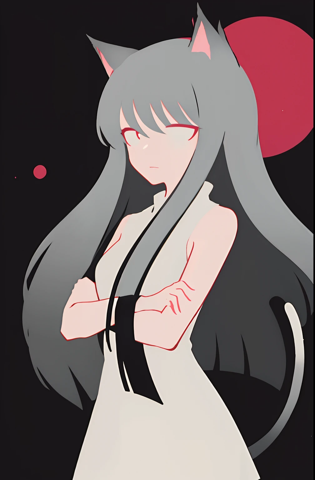 anime girl (long grey hair:1.1), medium breast, grey-black hair, cat ear ,without clothes , devil tail, devil eyes,eyes, small breast, red neon circle in background, sport body