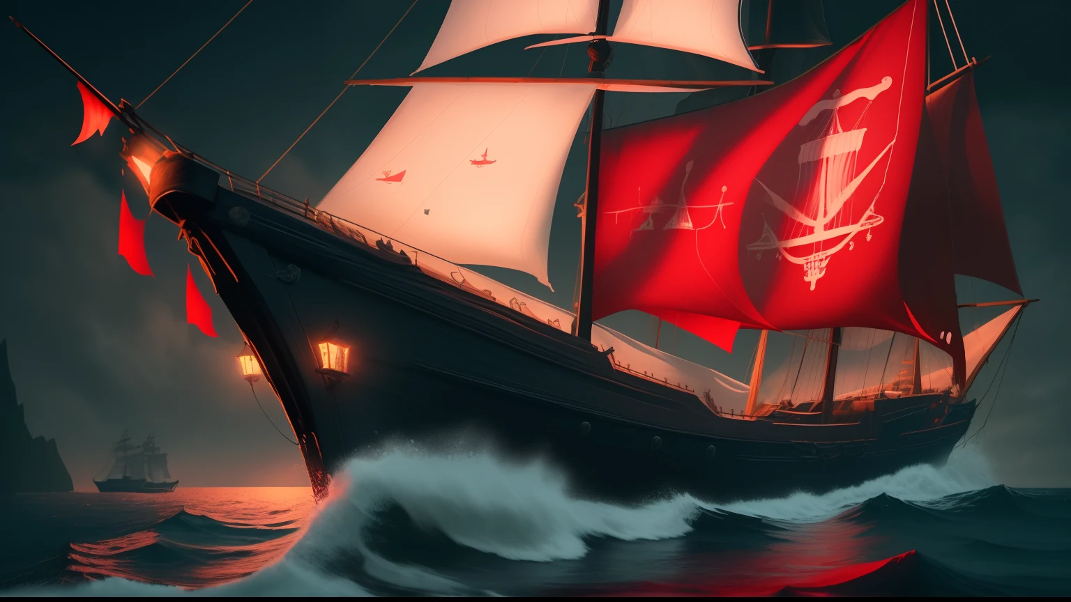 8k, realistic, a sailing galleon called galleon killer, with red flags, sailing on the night
