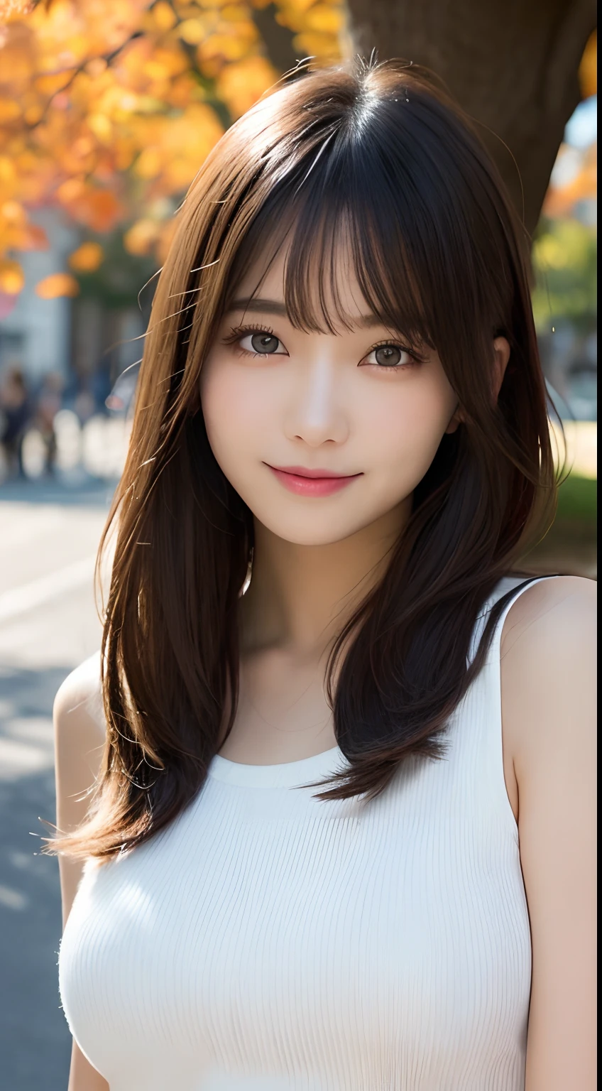 masutepiece, Best Quality, Illustration, Ultra-detailed, finely detail, hight resolution, 8K Wallpaper, Perfect dynamic composition, Beautiful detailed eyes, Women's Fashion Autumn,Straight hair,small tits,Natural Color Lip, Bold sexy poses,Smile,Shinjuku、20 years girl、Cute、Sexy shot looking at camera