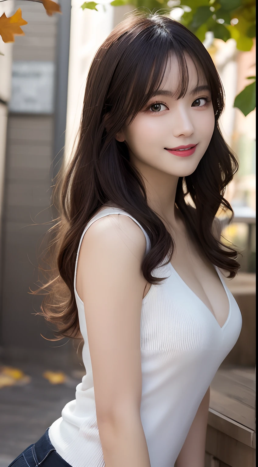 masutepiece, Best Quality, Illustration, Ultra-detailed, finely detail, hight resolution, 8K Wallpaper, Perfect dynamic composition, Beautiful detailed eyes, Women's Fashion🍂,Medium wavy hair,small tits、Natural Color Lip, Bold sexy poses,Smile,harbour、20 years girl、Cute、Sexy shot looking at camera、Slender body type