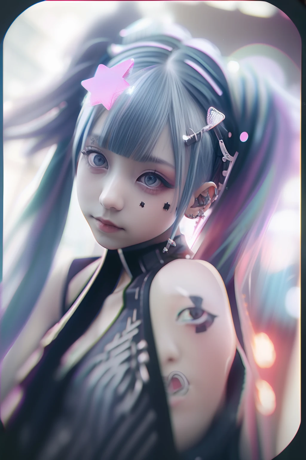 Front、from the front side、Cowboy Shot、miku hatsune、Green hair、The bikini、Sleeveless、The tattoo、bright red、Really red、Red、Red-haired、rot、red hairs、head phone、🎧、goth_punk, 1girl in, 独奏, medium shot, Walking in Harajuku, ((during night)), bokeh dof, Neon light, Iridescent eyes, starrysky, red glowing hair, Black eyebrows, Radiant hair, (iridescent red hair), 耳Nipple Ring, bangss, jewely,, bluntbangs, verd s eyes, blurry backround, bblurry, hair adornments, Look at viewers, shorth hair, portraitures, side locks