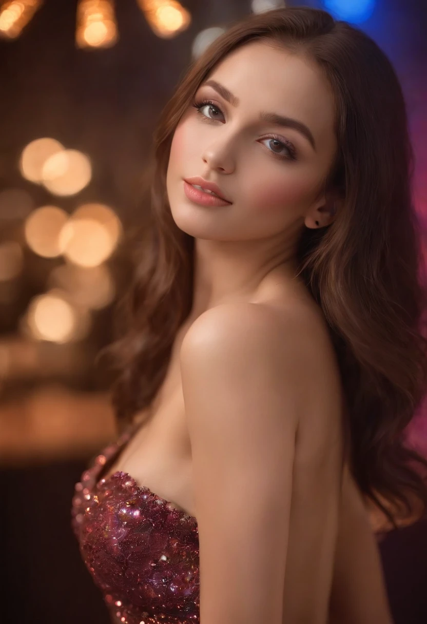 (best quality,4k,8k,highres,masterpiece:1.2),ultra-detailed,(realistic,photorealistic,photo-realistic:1.37), NSFW, fullnude, HDR, UHD, studio lighting, ultra-fine painting, sharp focus, physically-based rendering, extreme detail description, professional, vivid colors, bokeh, portraits, glamorous, seductive, elegant, magical, enchanting, alluring, confident, sophisticated, feminine, flirtatious, captivating, glowing, charismatic, sensual, attractive, modern, fashionable, graceful, youthful, sexy woman, 20 years old, slim figure, athletic physique, shiny tanned skin, big and perfectly shaped breasts, slim waist, silky brown hair, mesmerizing eyes, plump and alluring lips, delicate nose, charming smile, natural beauty, in the club scene, surrounded by dimly lit environment, illuminated by colorful disco lights, vibrant atmosphere, energetic music, dynamic poses, expressive gestures, enticing body language, engaging with the crowd, exuding confidence and allure, attracting attention, captivating spectators, creating a magnetic presence, realistic photography style, capturing the essence of the moment, emphasizing authenticity, highlighting natural beauty, showcasing the woman's grace and sensuality, creating a visually stunning and captivating image.
