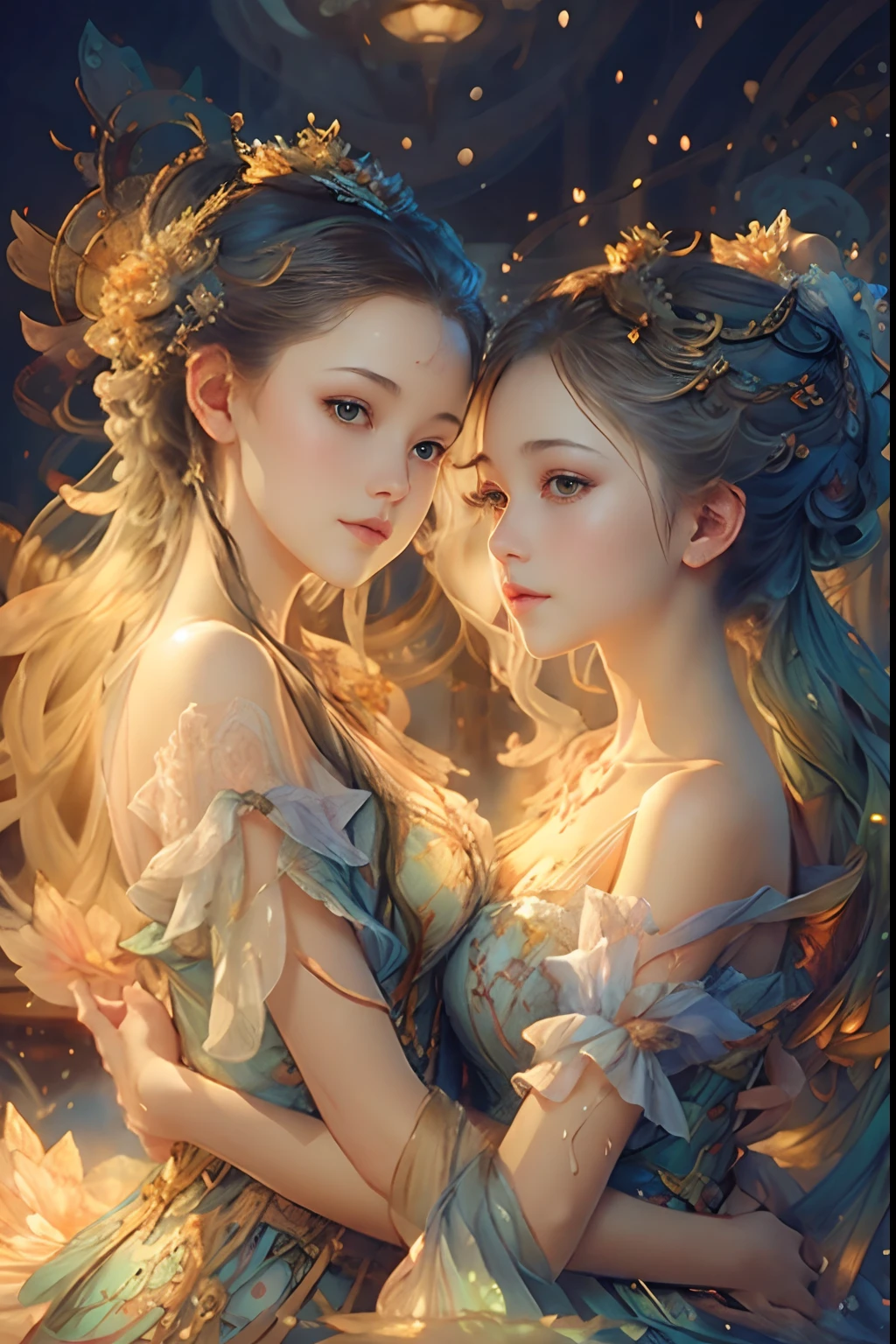 art by Vladimir Volegov,
Mother and daughter, ultra hd detailed painting beautiful faces and eyes, modern portrait,
digital art
, Jean-Baptiste Monge style, bright, beautiful , splash,
, Glittering , cute and adorable, filigree, , rim lighting, lights, extremely , magic, surreal, fantasy, digital art, , wlop, artgerm and james jean,