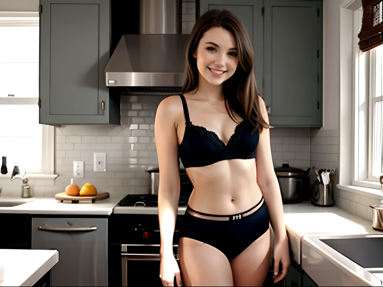Young brunette woman chubby in black underwear in old kitchen