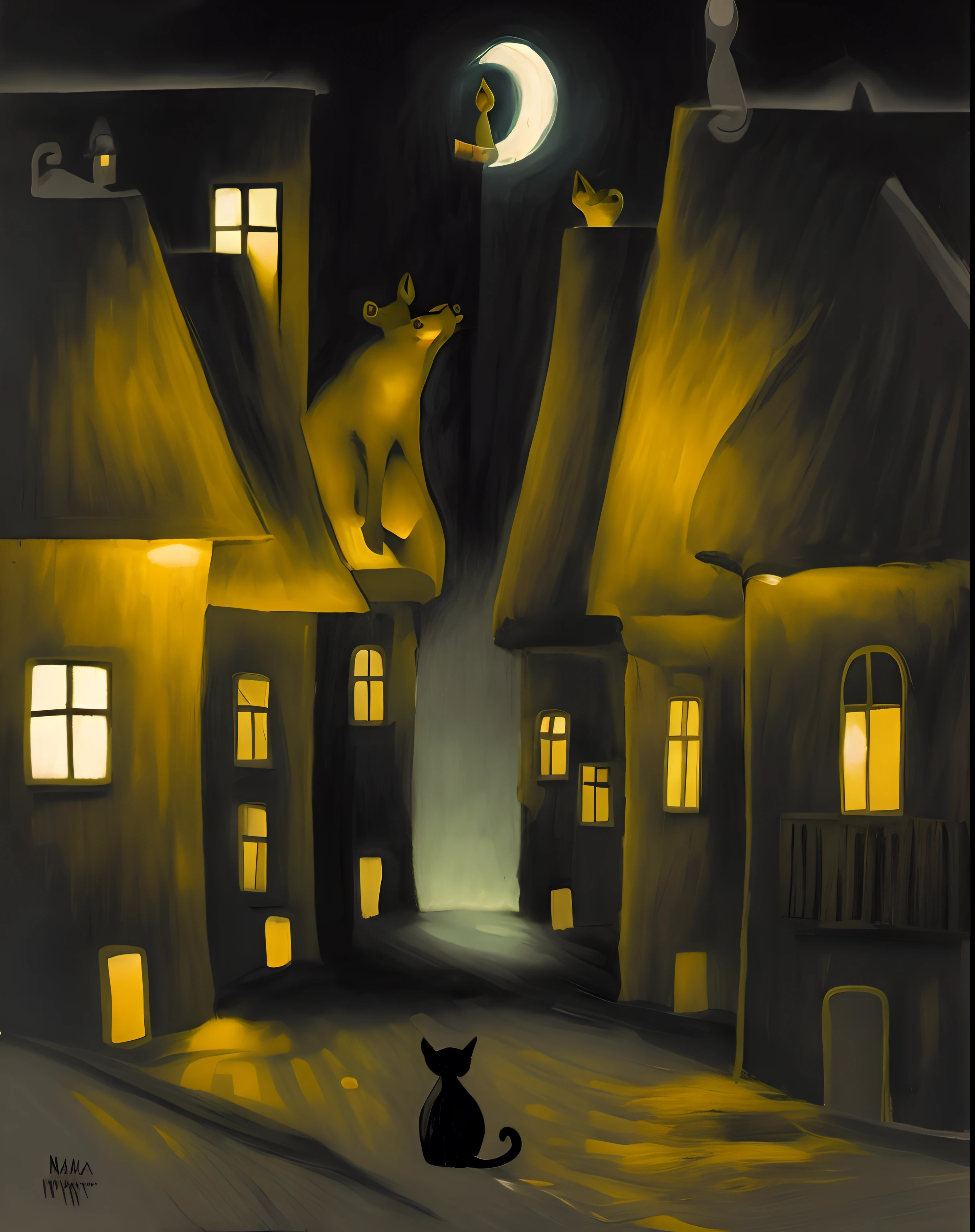 pintura de um gato sentado em uma rua com uma lua cheia, inspirado em Lyonel Feininger, Directed by: Marie Bashkirtseff, Directed by: Malgorzata Serwatka, Directed by: Ksenia Milicevic, arte caprichosa, inspirado em Archibald Motley, inspirado em Ernst Ludwig Kirchner, inspirado em Tove Jansson
