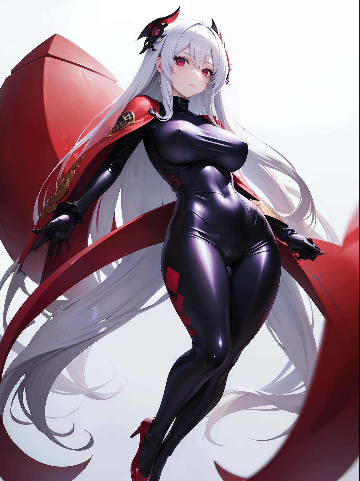 ((masutepiece,Best Quality)),1girl in,Beautiful detailed eyes, Detailed face, (Full body:1.2), White long hair, Red Eyes,big breasts, (Black background:1.2), bloody particles, Shaded face、Purple and blue bodysuit、