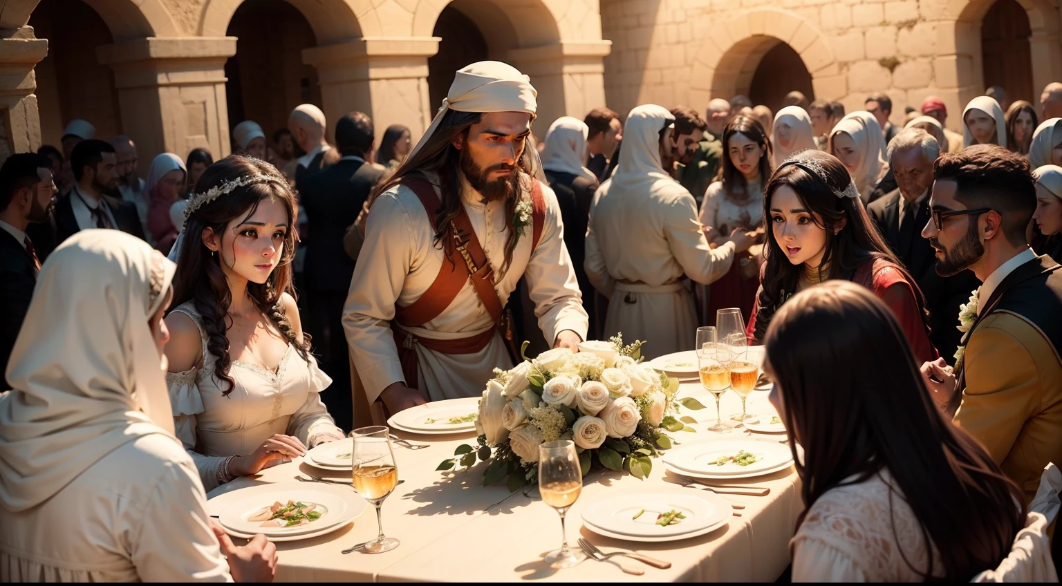Generate an image that depicts a wedding feast in the historical context in which Jesus lived. The scene should take place in an environment that harks back to Palestine or the surrounding region in the first century. Jesus speaks to many servants