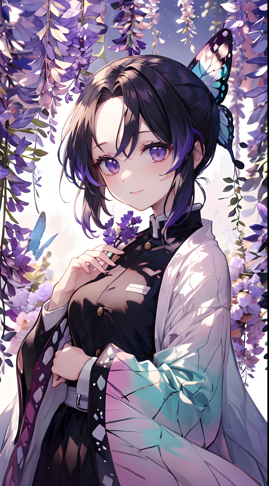 ​masterpiece, top-quality, hight resolution, 1girl in, 独奏, kochou shinobu, butterfly hair ornament, a purple eye, O cabelo multicolorido, shorth hair, Tie your hair,partedbangs, haori, Long sleeve, Wide sleeves,  Black jacket, A smile, is standing, purple flower, Wisteria Garden,Butterflies flutter by,detailed face depiction,Beautiful facial features,dark sky,Turn to this,