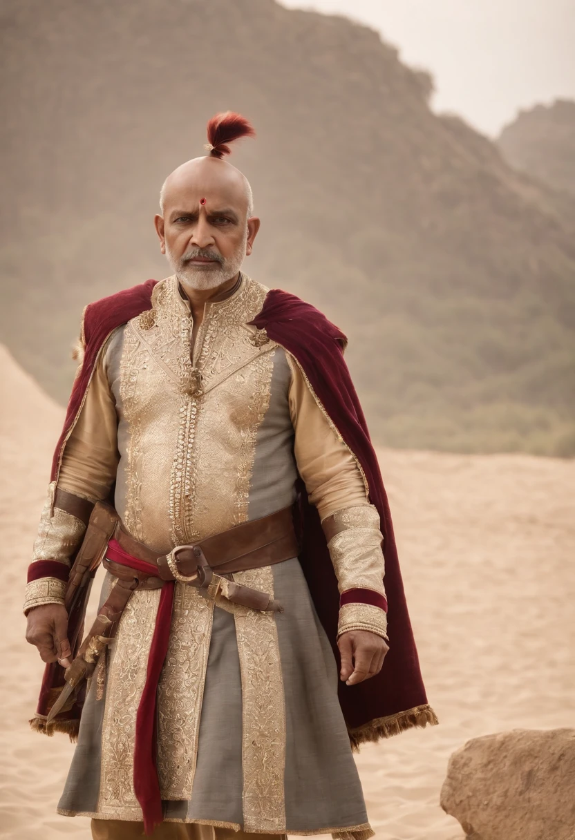 An ultra-realistic image of a indian king ready to embark on an epic journey .An indian mughal king of moderate stature, perhaps five foot seven inches in height, strongly built, neither too slight nor too stout, broad-chested, narrow-waisted, and long-armed on a rocky beach, Dress in her leather tunic and fur cape, with his sword in one hand and looking determinedly at the horizon, enquanto o vento suave agita sua capa