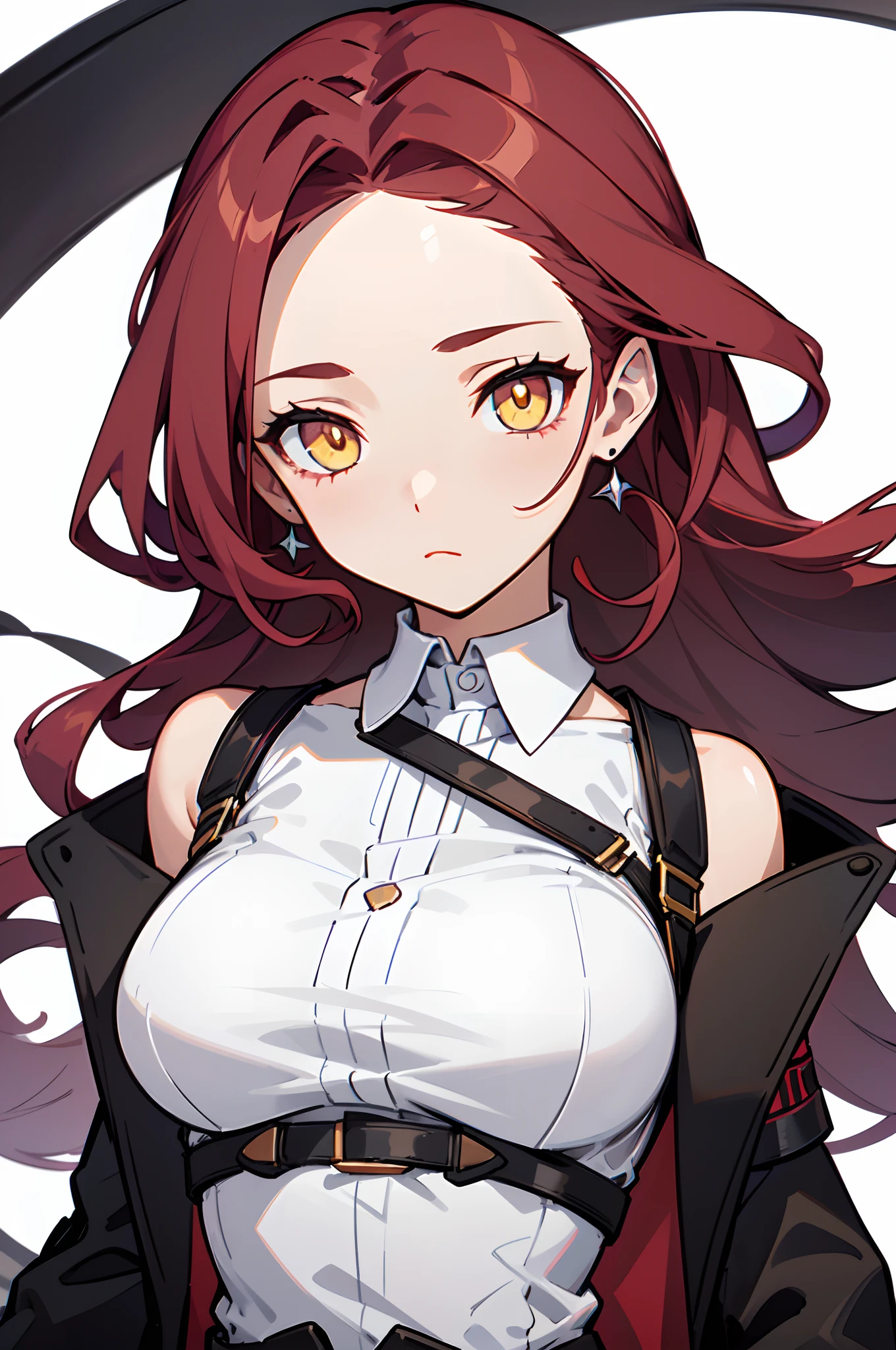 1girl, young woman, solo, from below, cowboy shot, scarlet red hair, long hair, big hair, (forehead), yellow eyes, medium breasts, neutral, (overcoat, black coat, open coat:1.15), white shirt, collared shirt, (chest harness, shoulder strap:1.15), black shorts, garter belt, gloves, elegant, arms behind back, looking at viewer, simple background, transparent background, standing,, ((close-up)), face only, masterpiece, best quality, 4k
