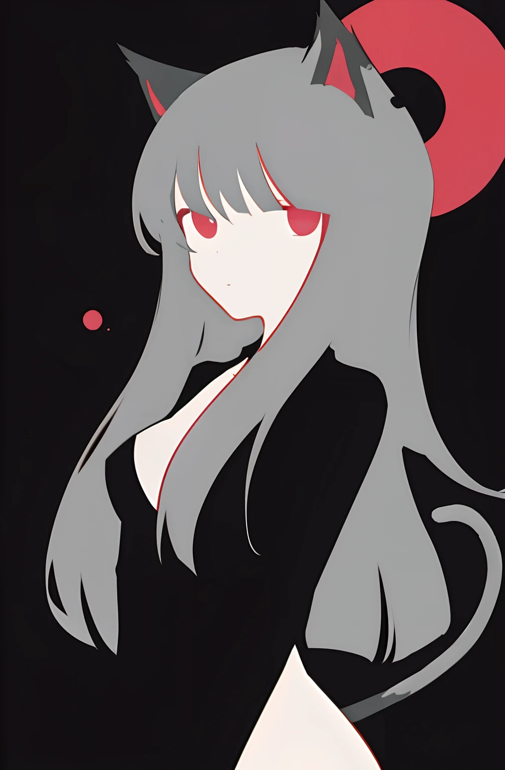 anime girl (long grey hair:1.1), medium breast, grey-black hair, cat ear ,without clothes , devil tail, devil eyes,eyes, small breast, red neon circle in background, sport body