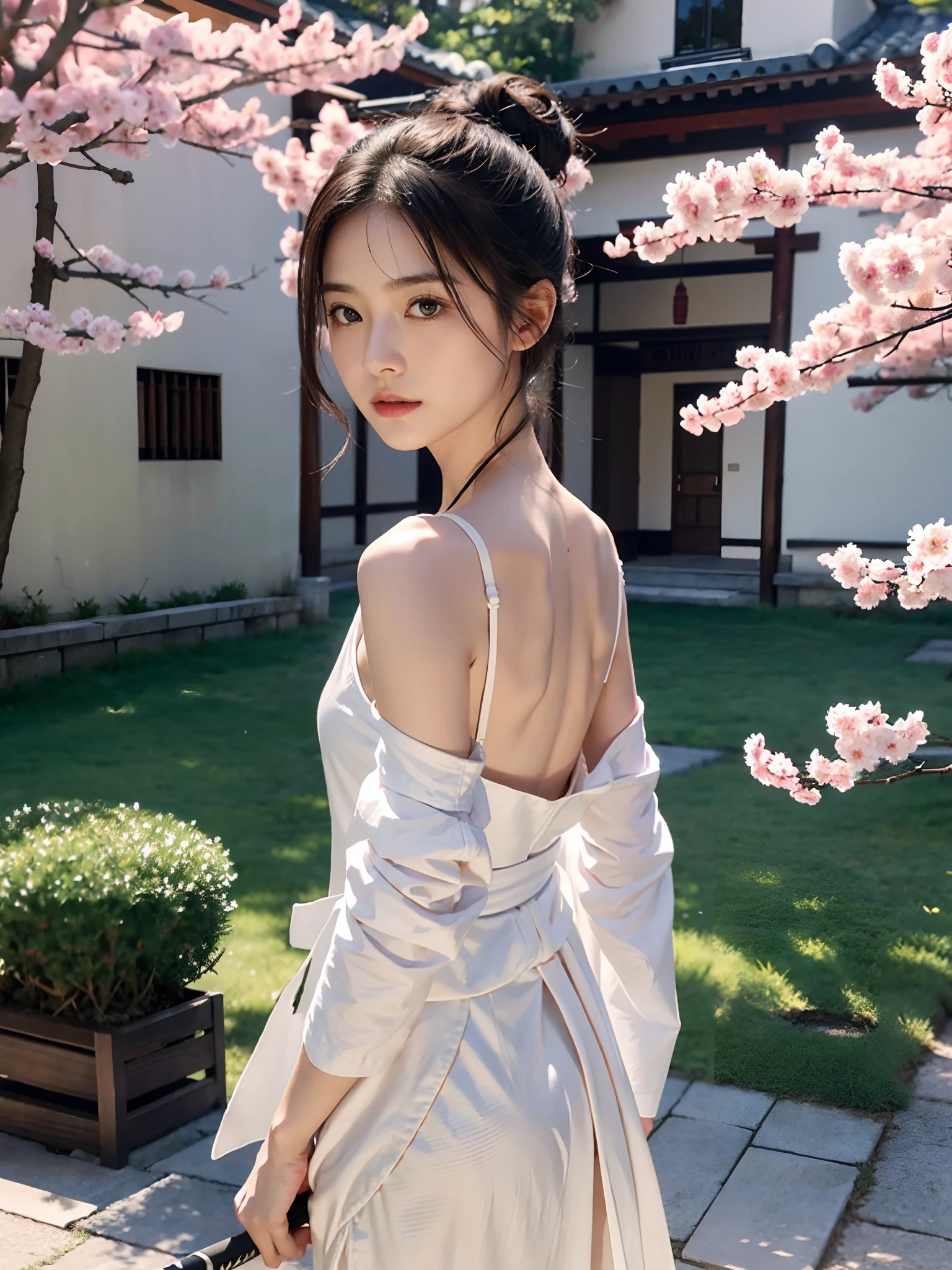 ((Small lower chest,Tomboyish,small heads)),  (short-length straighthair: 1.2), Black hair，Upper body,（极其细致的CG 8k壁纸），（Extremely refined and beautiful），（Masterpiece），（best qualtiy：1.0），（超高分辨率：1.0），beautiful light up，Perfect lightning，realistic shaded，[A high resolution]，Smooth and flawless fair skin，ultra - detailed ，(Small breasts:1.1)，Flat chest，Slim，Thin，Slender waist，Serious，Mighty，（Seven-point sleeve white kendo:1.1），No bra，（Maxi Red Kendo Hakama：1.1），white short socks, KON，Spring,Night scene，A tall Japanese castle，Sakura blossoms，standing，outside，Tree-lined roadsides，Close-up，Cowboy shot，(Long naked katana:1.1)，Hold the hilt of the katana with both hands，Swing a katana，facing away from the audience，Looking at the castle，from back，cropped shoulders，Bare shoulders