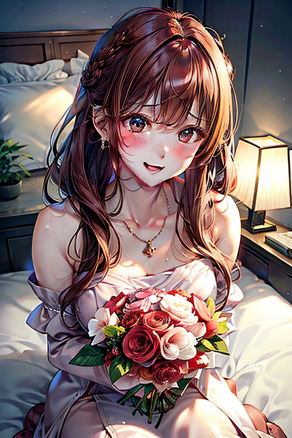 Blushing cheeks、shyly smile、optic、Upper body naked、Lovely woman,48 years old Shirtless、florals、hair pin、a necklace、piercings、Sleeping face down on the bed、depth of fields、pointed red mouth、Glossy reddish-brown shorthair、disheveled ponytail、closing eye、鎖骨、Beautiful fingers、Hourglass body、portrait of a full body、Yawn with mouth wide open、Grimacing in pain、Angle from behind、Look back and watch your audience、