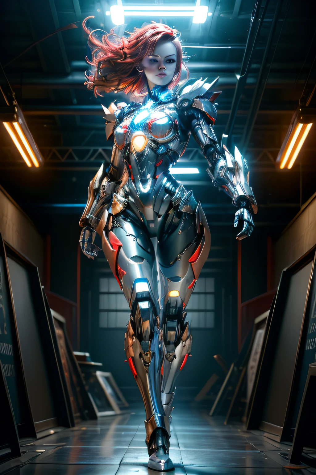 1 woman fighting, metal parts, cyber, young, studio light, blue overhead, white clipping light, masterpiece, hd, 4k, nude, full body, red hair.