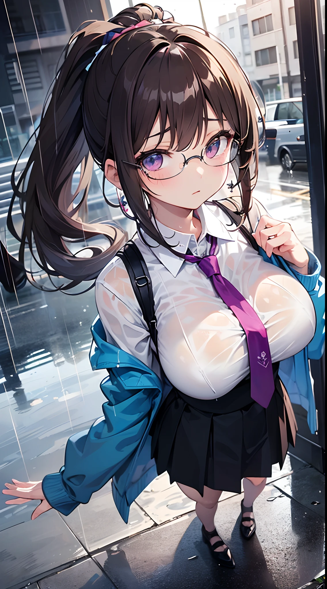 ((masterpiece)), ((best quality)), (ultra-detailed), ((kawaii)), cute, (lovely), ((sexy)), (ero), ((extremely detailed)), 4K, (8K), best quality, (beautiful), anime style, upper body, look down from above, full body focus, city, town, morning, a cute girl, 1girl, solo, suit, beautiful light brown hair, beautiful purple eyes, ((beautiful eyes)), white-skinned, ponytail, transparent hair, translucent hair, large breast, glasses, necktie, tie, earrings, troubled expression, wind effect, rainy, rain, shiny-glistening, gleaming, wetted by water, reflection effect