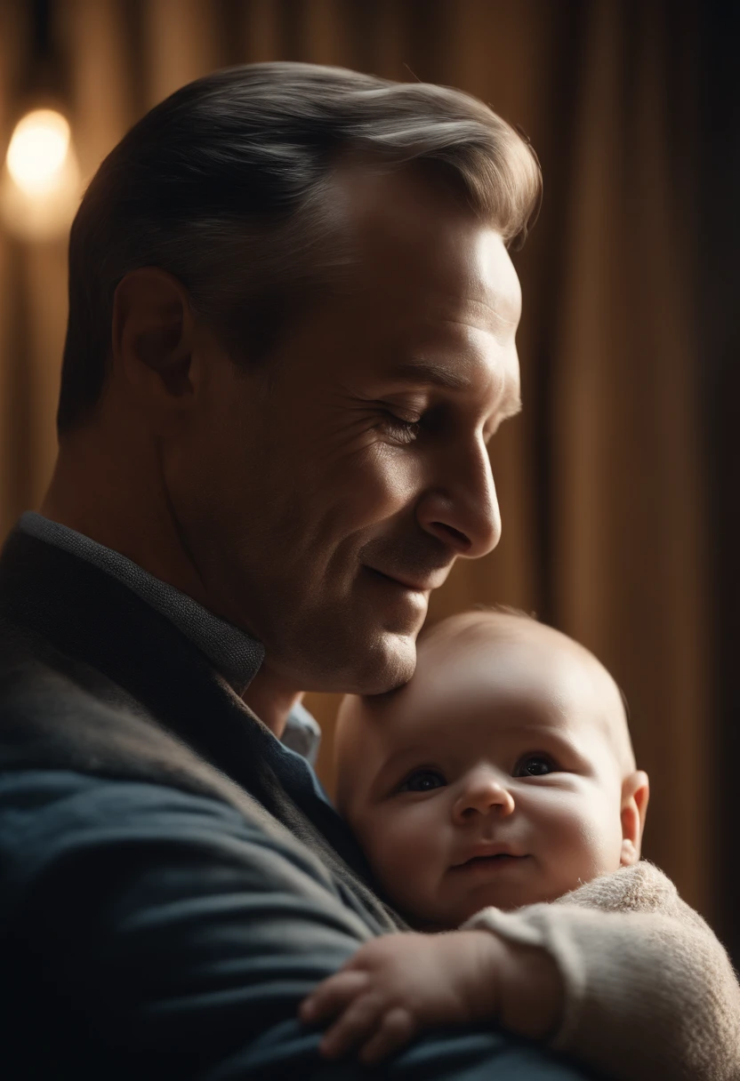(best quality,4k,8k,highres,masterpiece:1.2),ultra-detailed,(realistic,photorealistic,photo-realistic:1.37),portrait of a father,lovingly holding his baby,gentle smile,wise eyes,strong hands,graying hair,tender embrace,soft lighting,subtle shadows,warm color tones,happiness and love,emotional connection,parent-child bond,endearing moment,beautifully captured memory,precious family portrait,meaningful artwork