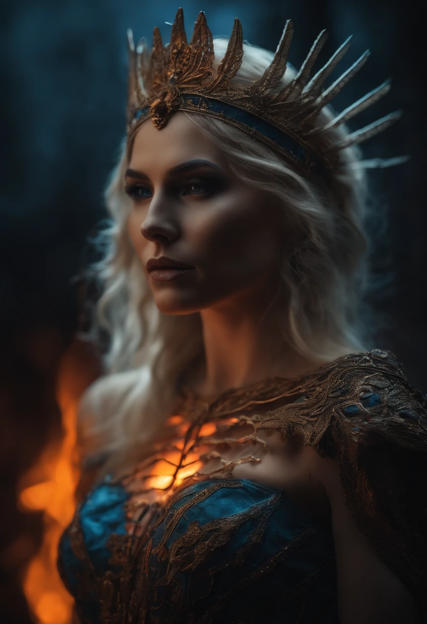a detailed realistic photo of a queen of death, wearing bio-luminescent translucent scale two piece worn and torn looking outfit, skeleton and bones clearly visible, flaming blonde flowing hair, luxurious, fighting stance, fantasy moody image illustration, luminous blue orange red green, paranormal, cinematic, Film light, Hyper detailed, Hyper realistic, masterpiece, atmospheric, High resolution, Vibrant, High contrast, dark angle, by Koos Roos 8k, HDR, 500px
