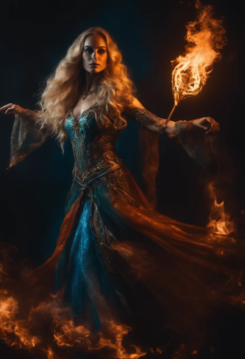 a detailed realistic photo of a queen of death, wearing bio-luminescent translucent scale two piece worn and torn looking outfit, skeleton and bones clearly visible, flaming blonde flowing hair, luxurious, fighting stance, fantasy moody image illustration, luminous blue orange red green, paranormal, cinematic, Film light, Hyper detailed, Hyper realistic, masterpiece, atmospheric, High resolution, Vibrant, High contrast, dark angle, by Koos Roos 8k, HDR, 500px