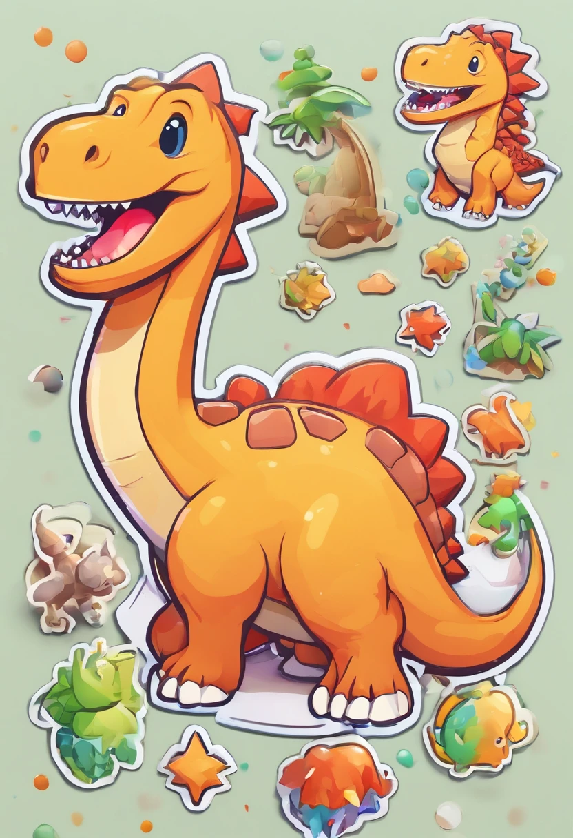 Kawaii happy dinosaur stickers , vectorial , contours , White background 3D