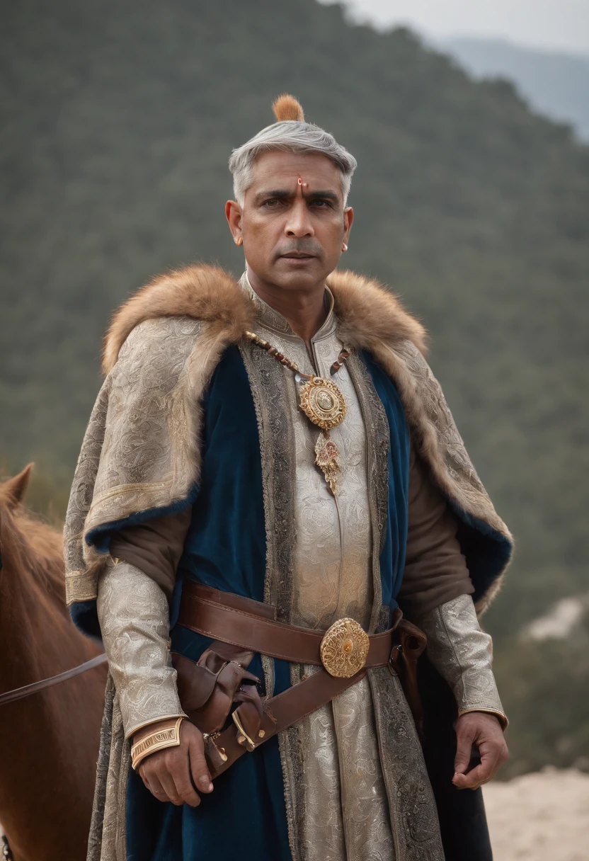 An ultra-realistic image of a indian king ready to embark on an epic journey . An 55 years old indian mughal king of moderate stature, perhaps five foot seven inches in height, strongly built, neither too slight nor too stout, broad-chested, narrow-waisted, and long-armed on a rocky beach, Dress in her leather tunic and fur cape, scar on his face, with a black hourse in the background, gold crown on head, a big blue dimond in his hard ,with his sword in other hand and looking determinedly at the horizon, enquanto o vento suave agita sua capa