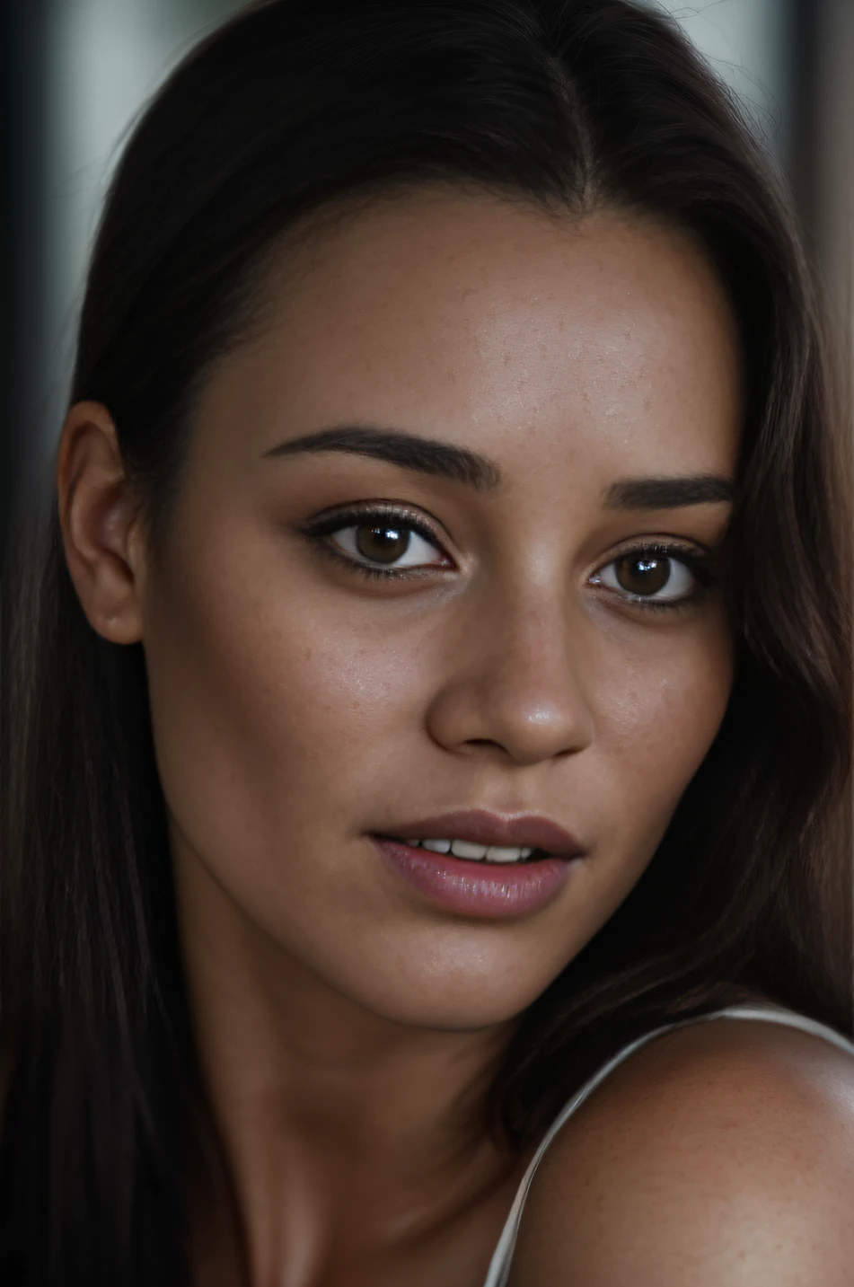 (close-up, editorial photograph of a 32 year old woman), (highly detailed face:1.4) (smile:0.7) (background inside dark, moody, private study:1.3) POV, by lee jeffries, nikon d850, film stock photograph ,4 kodak portra 400 ,camera f1.6 lens ,rich colors ,hyper realistic ,lifelike texture, dramatic lighting , cinestill 800,