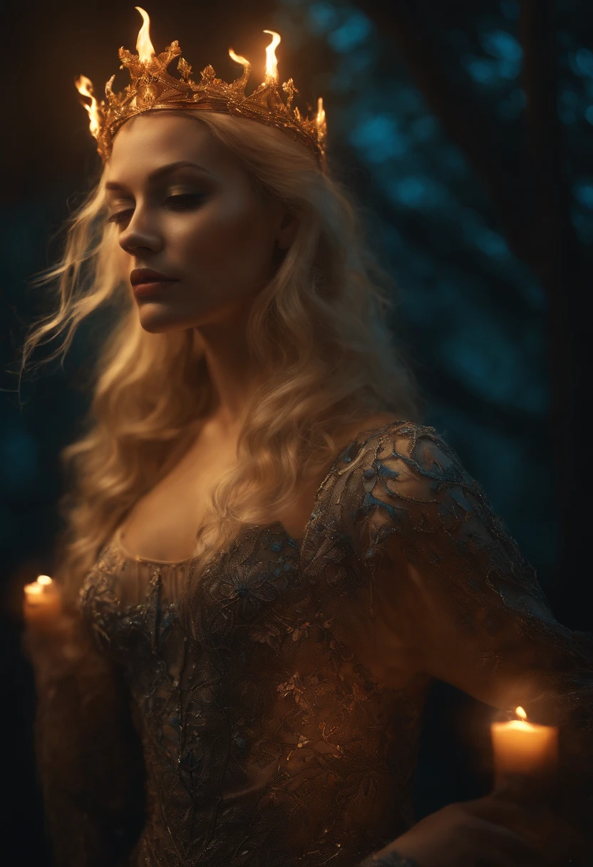 Uma foto realista detalhada de uma rainha da morte, using translucent bioluminescent scale, two used pieces and torn clothing, Skeleton and bones clearly visible, flaming blonde hair fluttering, luxuoso, postura de luta, Moody fantasy image illustration, azul luminoso laranja vermelho verde, paranormal, cinemactic, Luz do filme, hiper detalhado, hyper realistic, master part, Atmospheric, high resolution, vibrante, alto contraste, Dark angle, por Koos Roos 8k, HDR, 500px