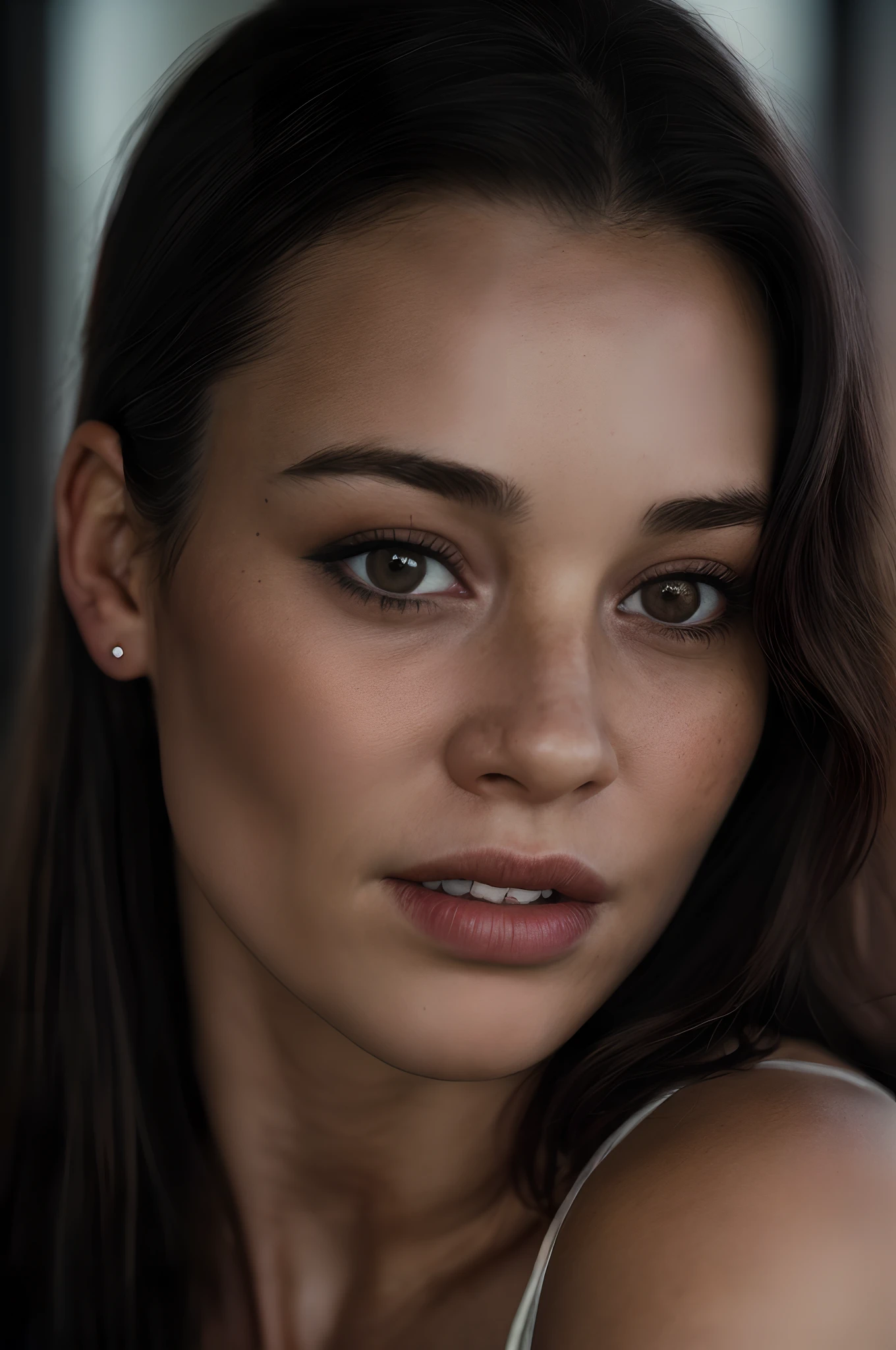(close-up, editorial photograph of a 32 year old woman), (highly detailed face:1.4) (smile:0.7) (background inside dark, moody, private study:1.3) POV, by lee jeffries, nikon d850, film stock photograph ,4 kodak portra 400 ,camera f1.6 lens ,rich colors ,hyper realistic ,lifelike texture, dramatic lighting , cinestill 800,