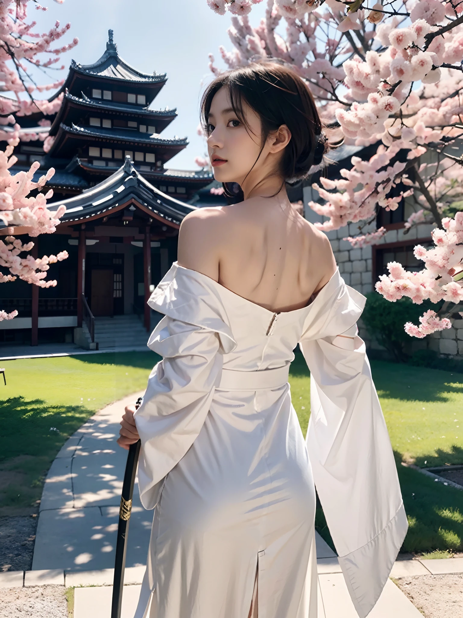 ((Small lower chest,Tomboyish,small heads)),  (short-length straighthair: 1.2), Black hair，Upper body,（极其细致的CG 8k壁纸），（Extremely refined and beautiful），（Masterpiece），（best qualtiy：1.0），（超高分辨率：1.0），beautiful light up，Perfect lightning，realistic shaded，[A high resolution]，Smooth and flawless fair skin，ultra - detailed ，(Small breasts:1.1)，Flat chest，Slim，Thin，Slender waist，Serious，Mighty，（Seven-point sleeve white kendo:1.1），No bra，（Maxi Red Kendo Hakama：1.1），white short socks, KON，Spring,Night scene，A tall Japanese castle，Sakura blossoms，standing，outside，Tree-lined roadsides，Close-up，Cowboy shot，(Long naked katana:1.1)，Hold the hilt of the katana with both hands，Swing a katana，facing away from the audience，Looking at the castle，from back，cropped shoulders，Bare shoulders